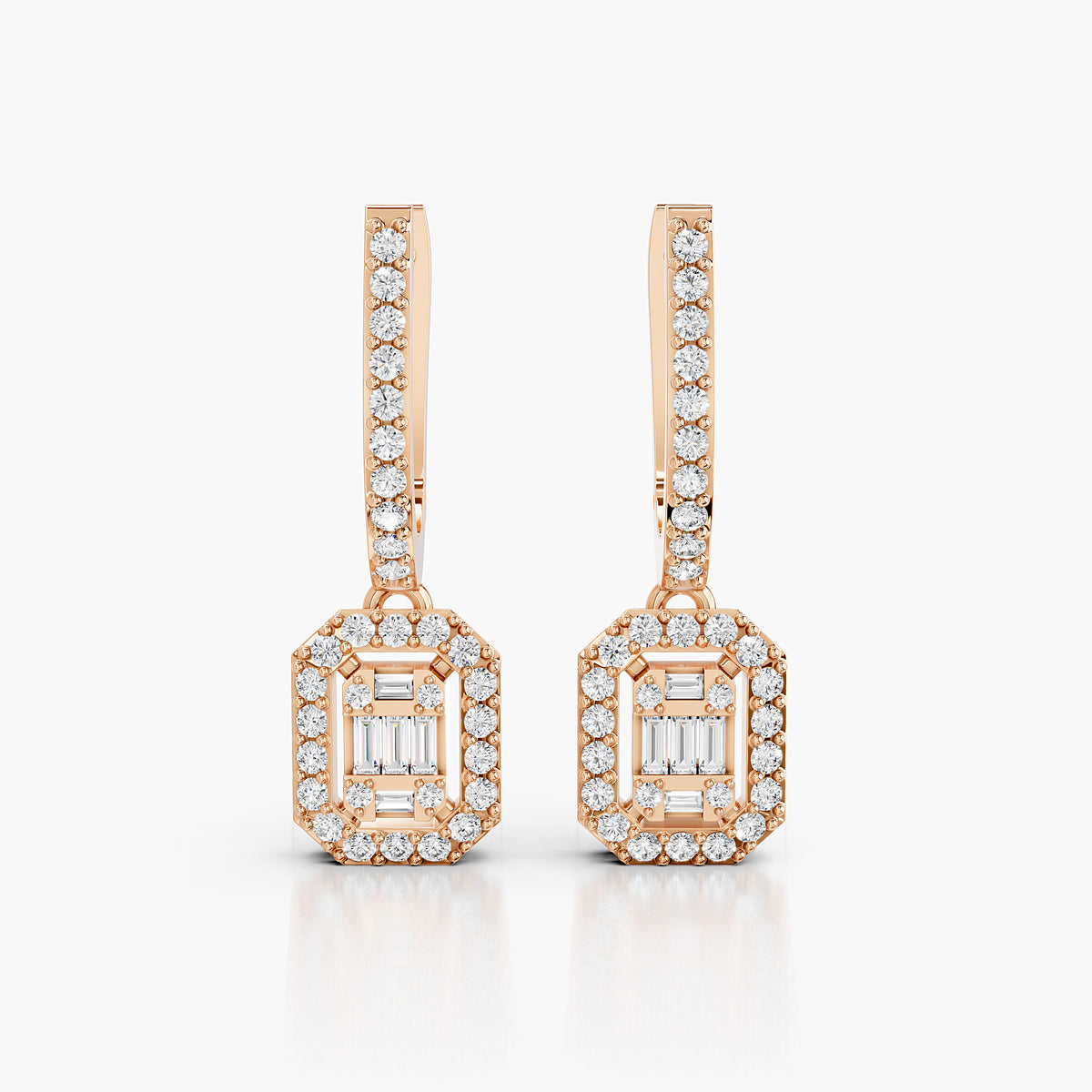 Valencia Baguette & Round Diamond Halo Drop Earrings