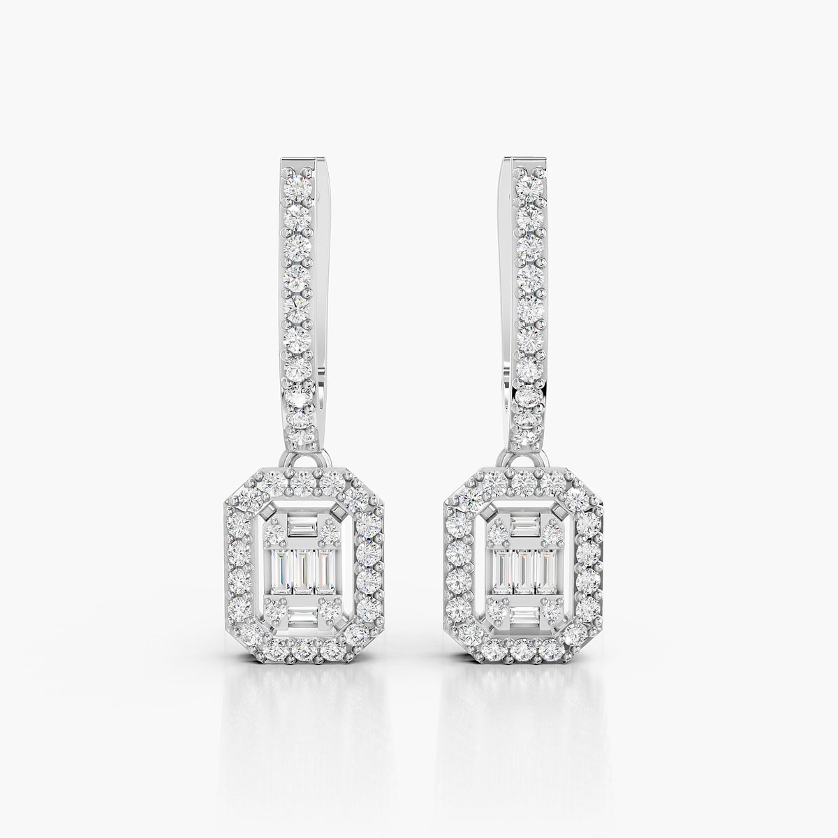 Valencia Baguette & Round Diamond Halo Drop Earrings