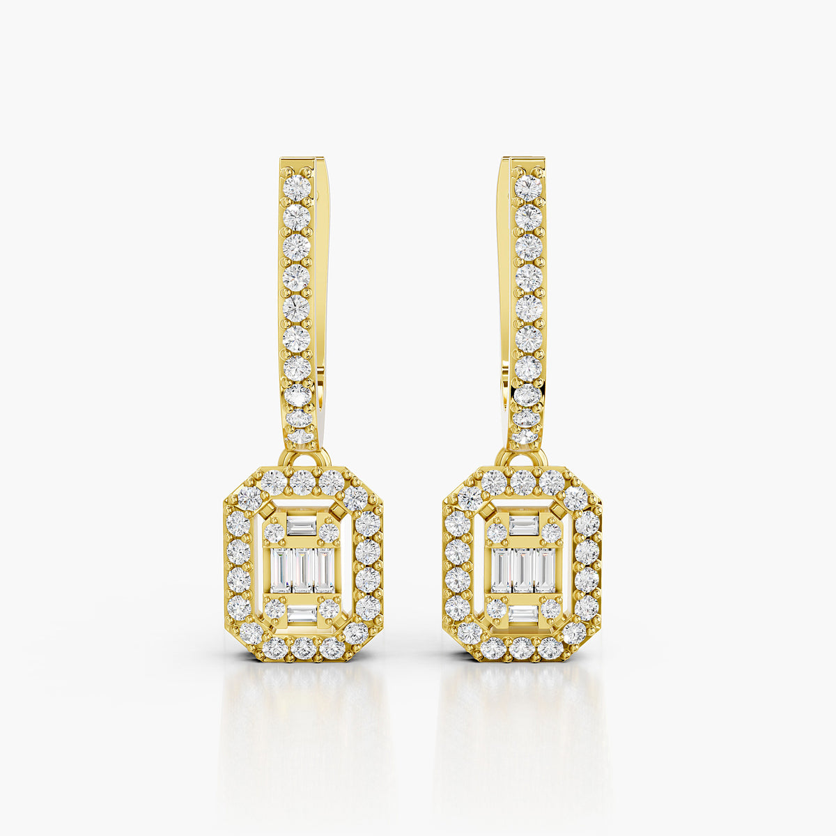 Valencia Baguette & Round Diamond Halo Drop Earrings