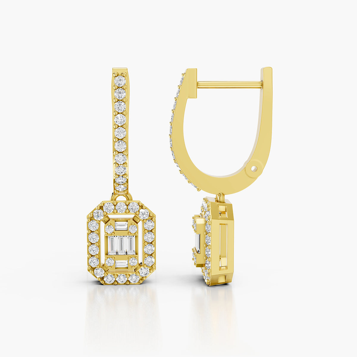 Valencia Baguette & Round Diamond Halo Drop Earrings