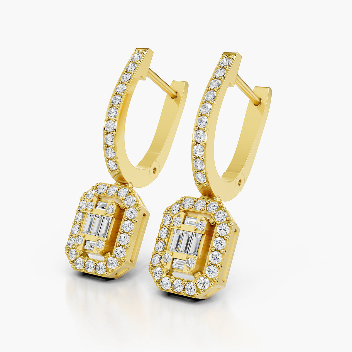 Valencia Baguette & Round Diamond Halo Drop Earrings