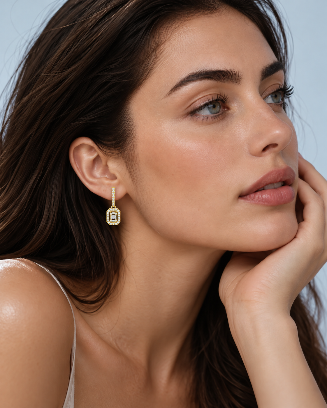 Valencia Baguette & Round Diamond Halo Drop Earrings