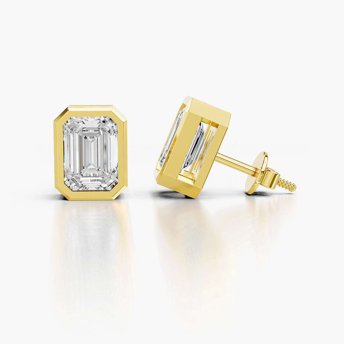 Elara Emerald Cut Bezel Diamond Stud Earrings