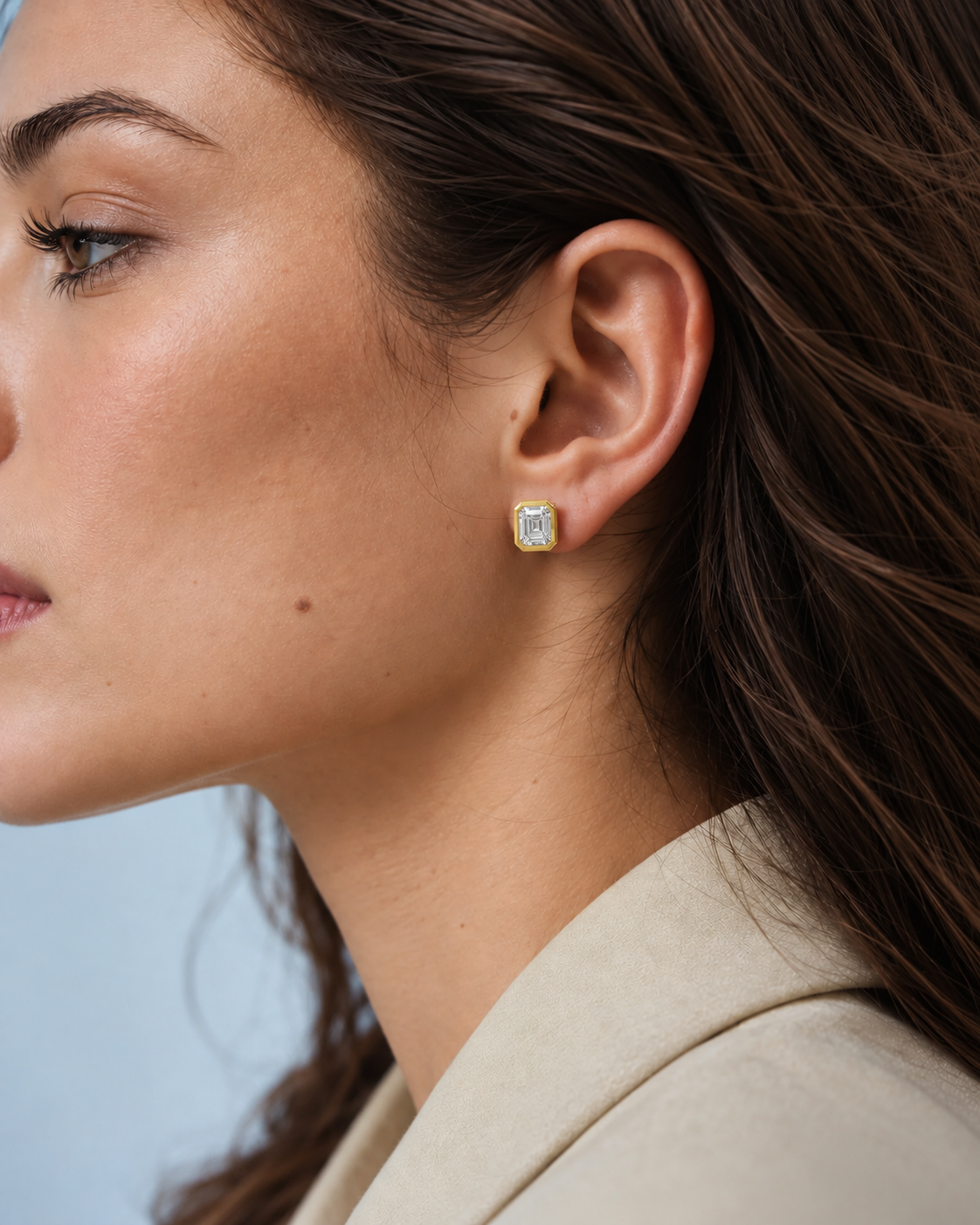 Elara Emerald Cut Bezel Diamond Stud Earrings
