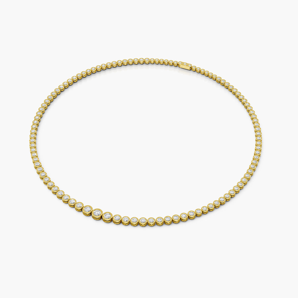 Aldridge Tennis Necklace featuring lab-grown diamonds in a gold bezel setting, showcasing elegance and sparkle.