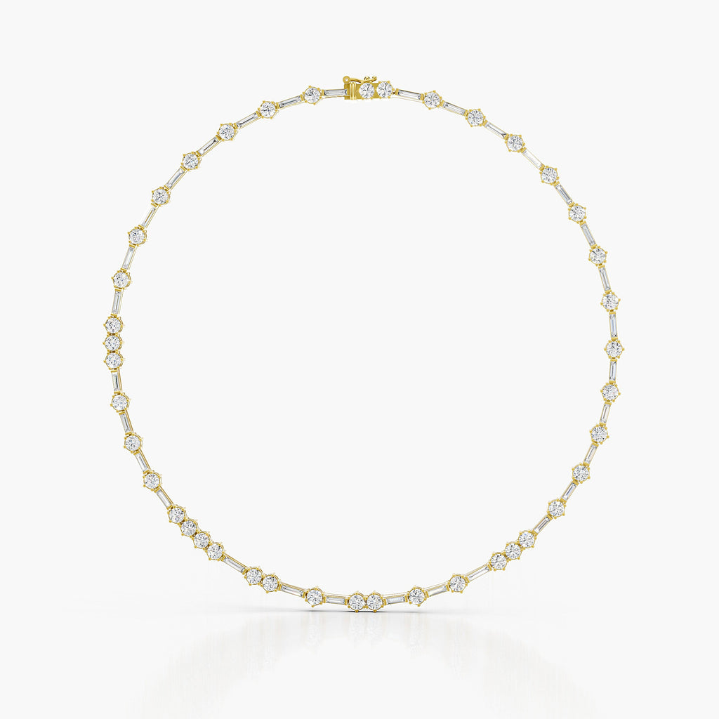 A delicate yellow gold tennis necklace with small round-cut diamonds, arranged in a circular shape against a clean white background.