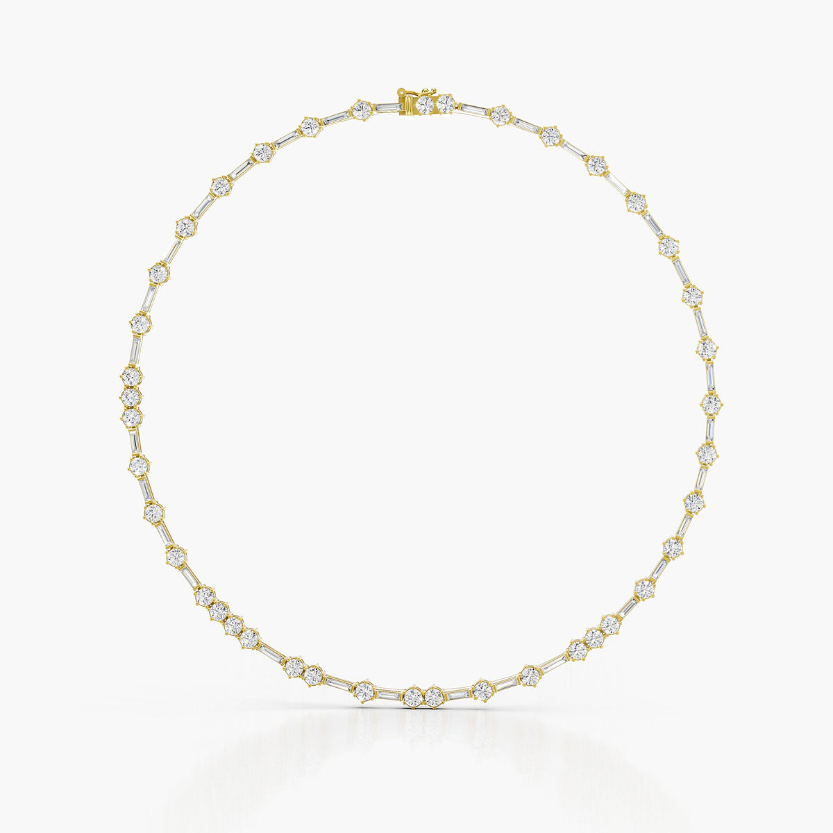 A delicate yellow gold tennis necklace with small round-cut diamonds, arranged in a circular shape against a clean white background.