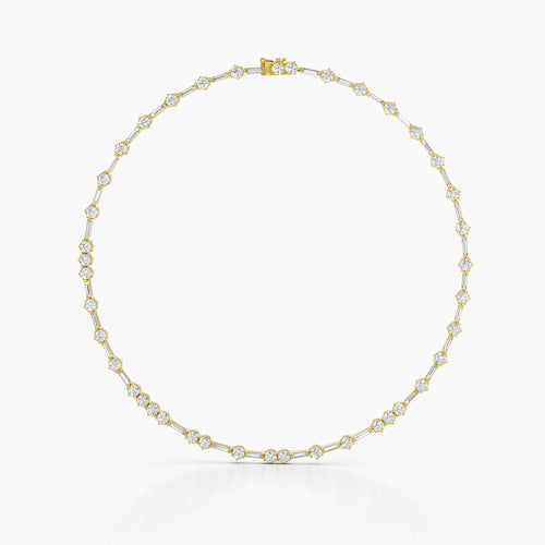 A delicate yellow gold tennis necklace with small round-cut diamonds, arranged in a circular shape against a clean white background.
