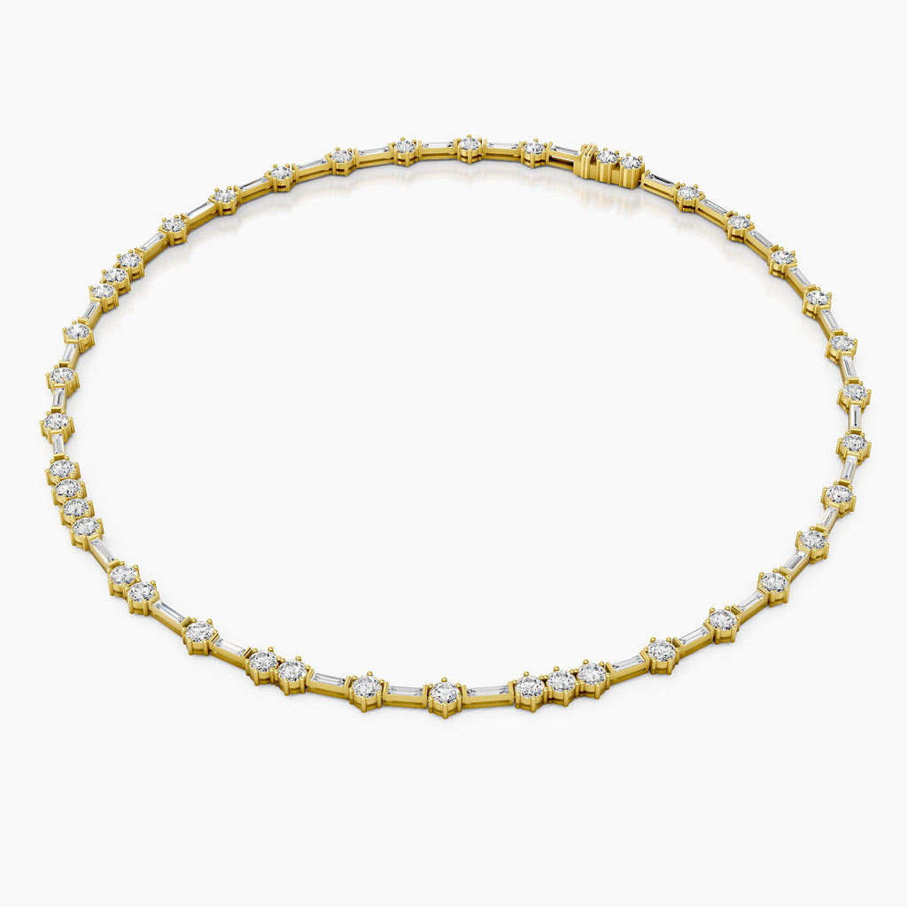 A yellow gold tennis necklace featuring baguette-cut and round-cut clear stones, arranged in a circular pattern on a light gray background.