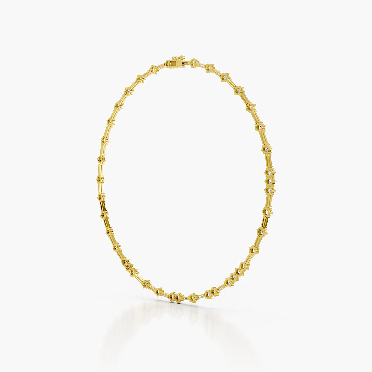 A yellow gold tennis bracelet with a distinctive beaded, linked design, displayed in an oval shape against a clean white background.
