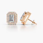 emerald diamond stud earrings with a halo design