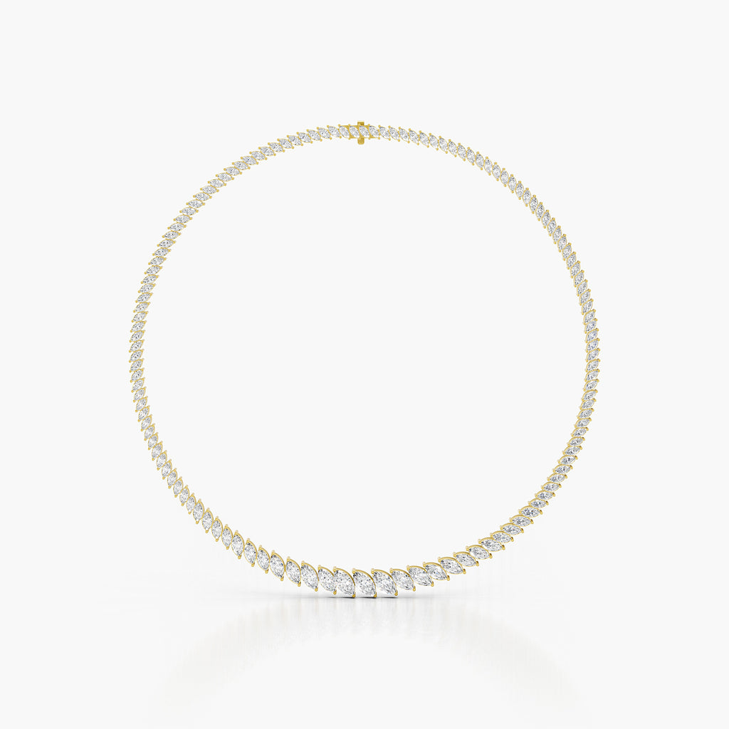 Bromley Marquise Tennis Necklace showcasing a continuous line of brilliant round diamonds in a sleek gold framework.