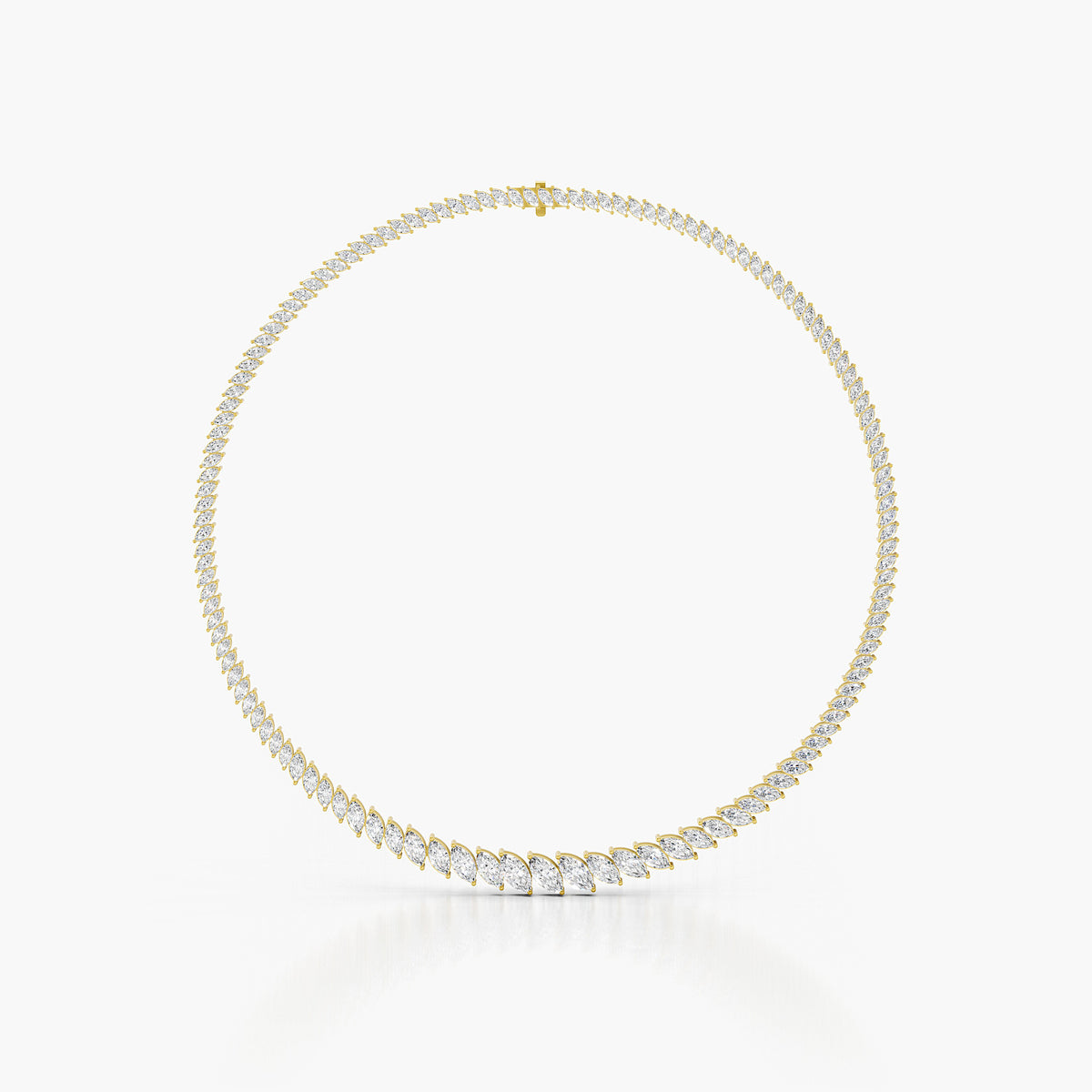 Bromley Marquise Tennis Necklace showcasing a continuous line of brilliant round diamonds in a sleek gold framework.
