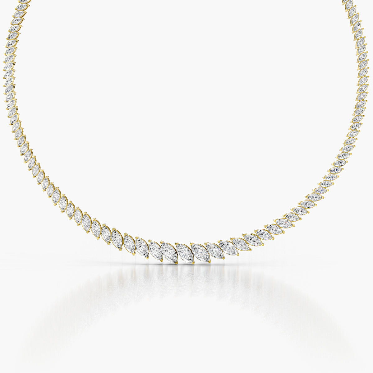 Bromley Marquise Tennis Necklace featuring brilliant round diamonds set in a sleek gold framework.