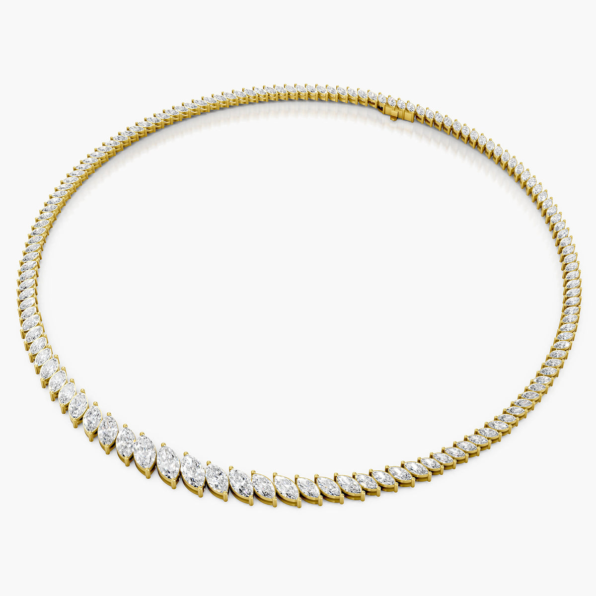 Bromley Marquise Tennis Necklace featuring a sleek gold framework and brilliant round diamonds in a continuous silhouette.