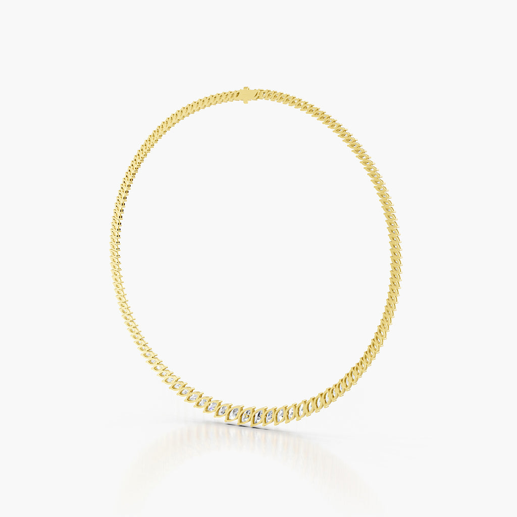 Bromley Marquise Tennis Necklace featuring a sleek gold framework and brilliant round diamonds, showcasing timeless luxury.