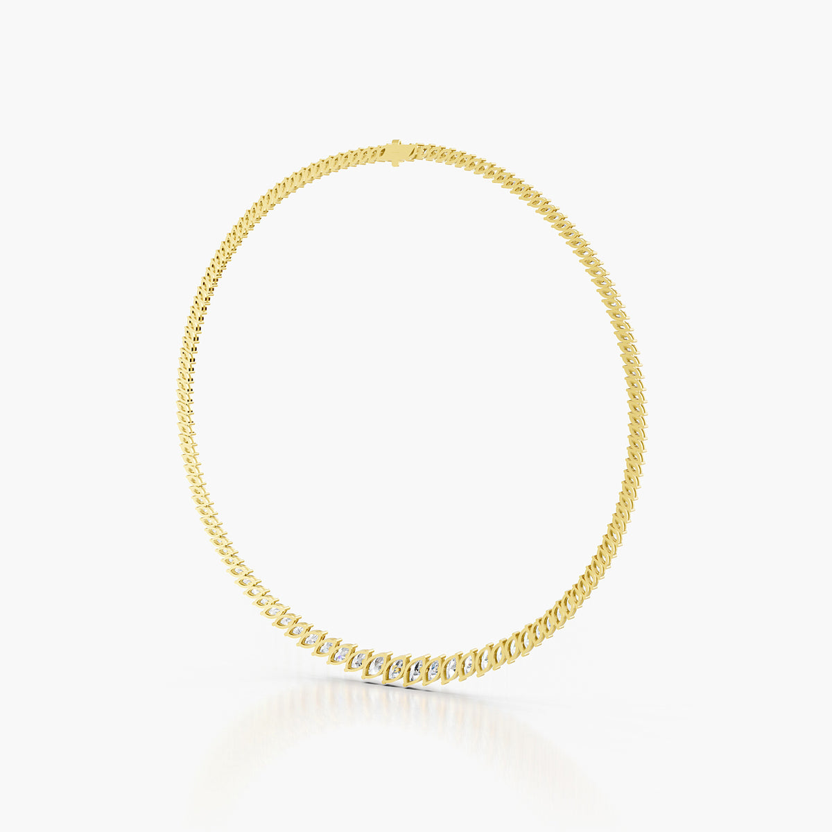 Bromley Marquise Tennis Necklace featuring a sleek gold framework and brilliant round diamonds, showcasing timeless luxury.