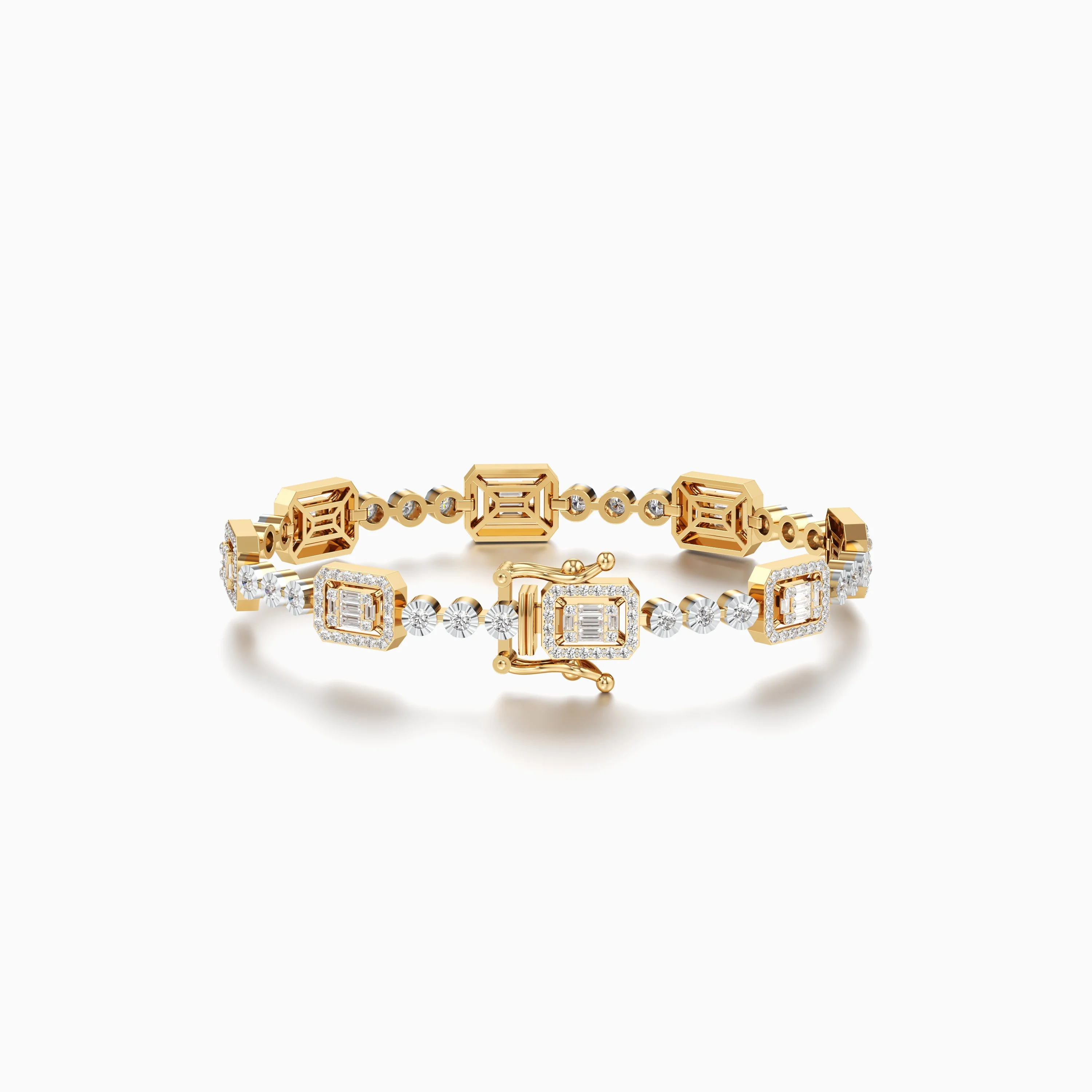 Gold Diamond Halo Tennis Bracelet With Baguette And Round Diamond Miracle Setting