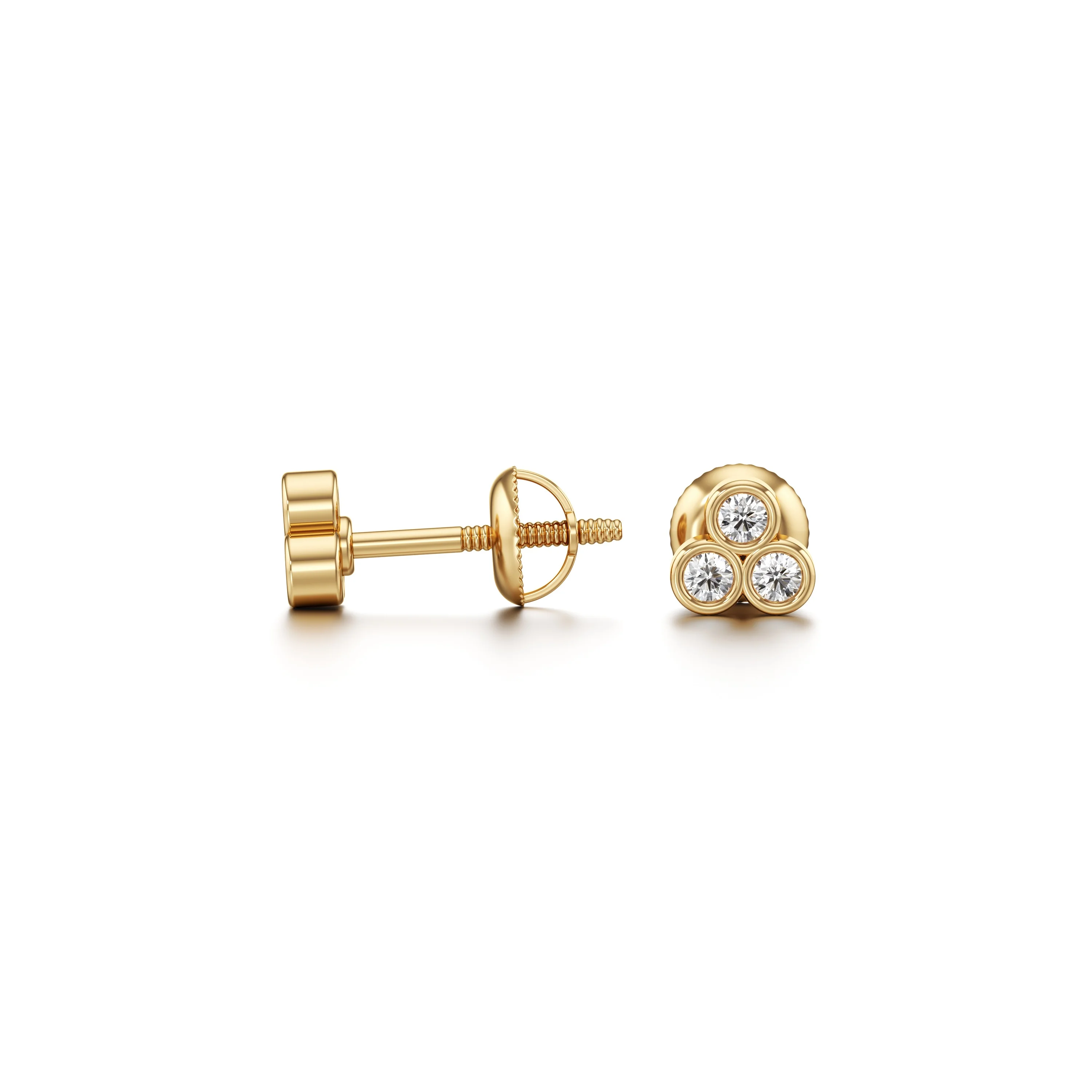 Three Stone Bazel Set Diamonds Stud Earrings