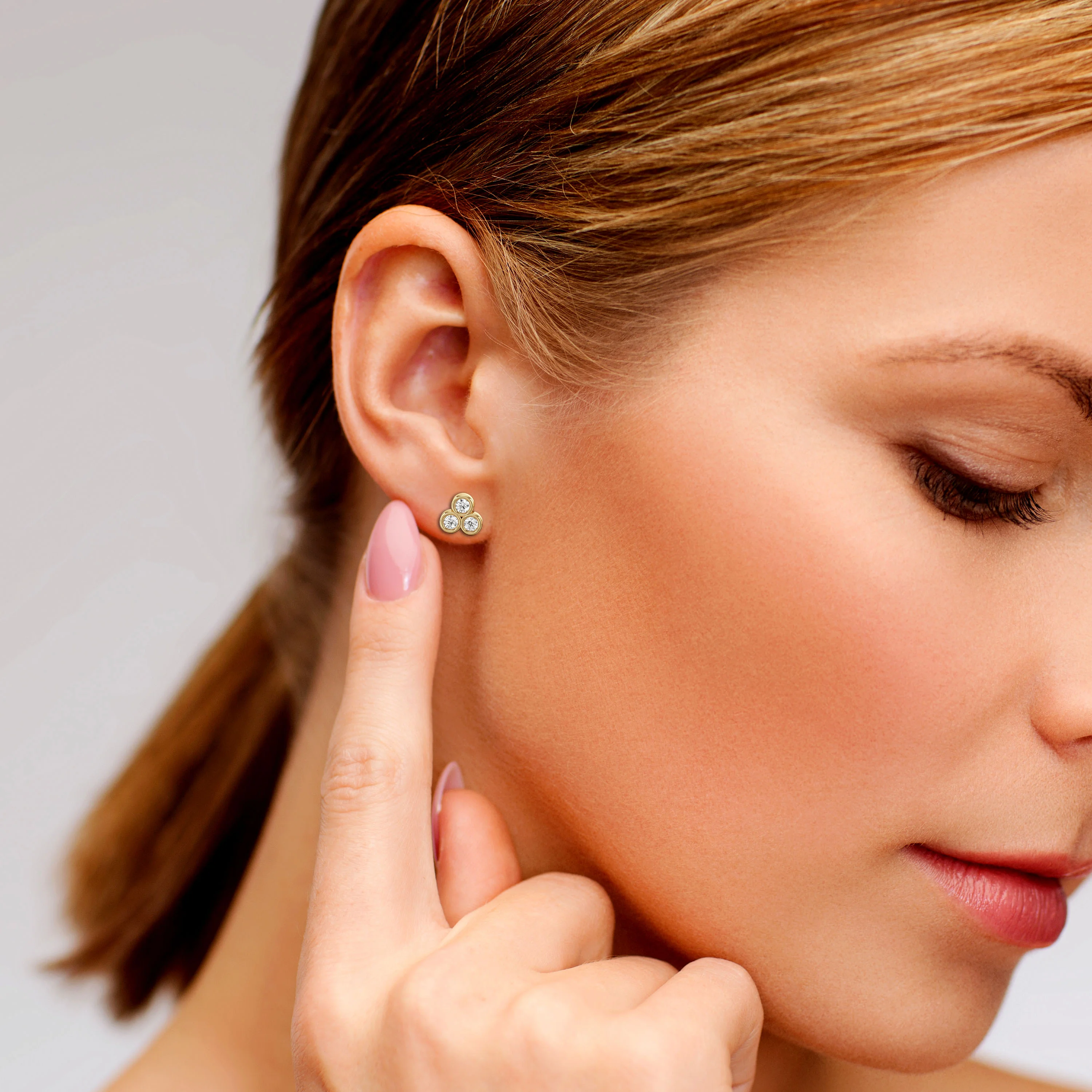 Three Stone Bazel Set Diamonds Stud Earrings