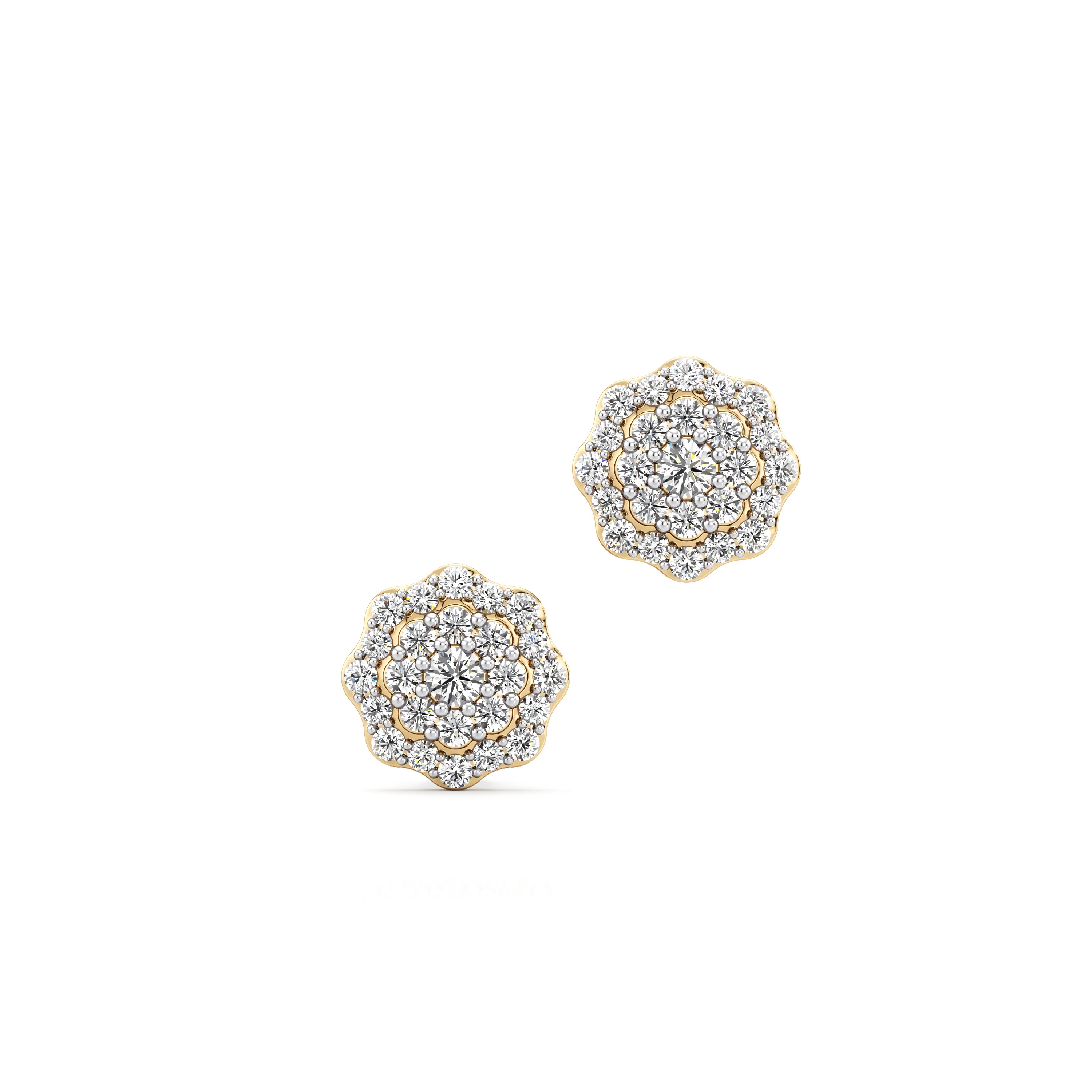 Brilliant Flower Blossom Gold Diamond Stud Earrings