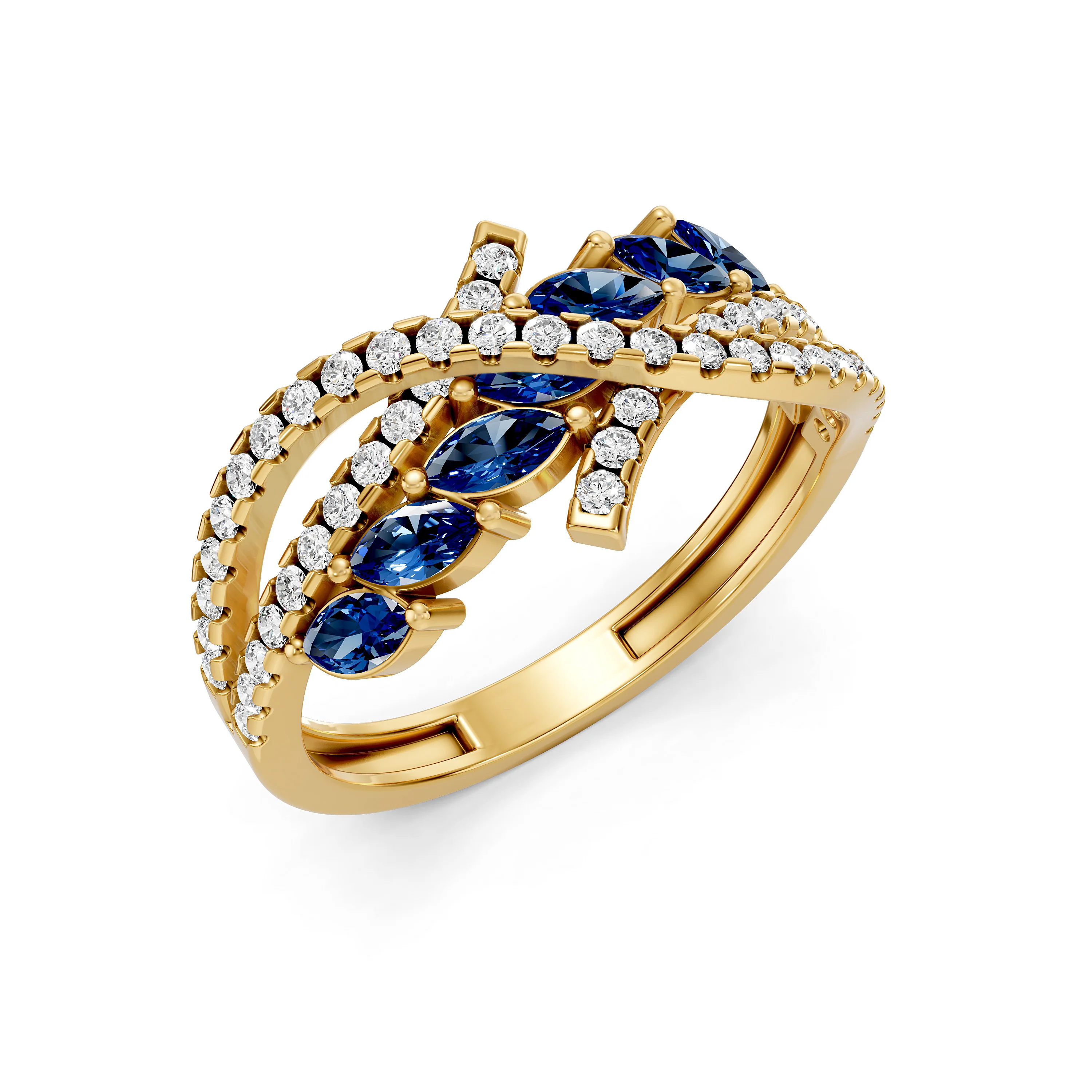Marquise Blue Sapphire and Natural Diamonds Bypass Ring In Luxe Gold