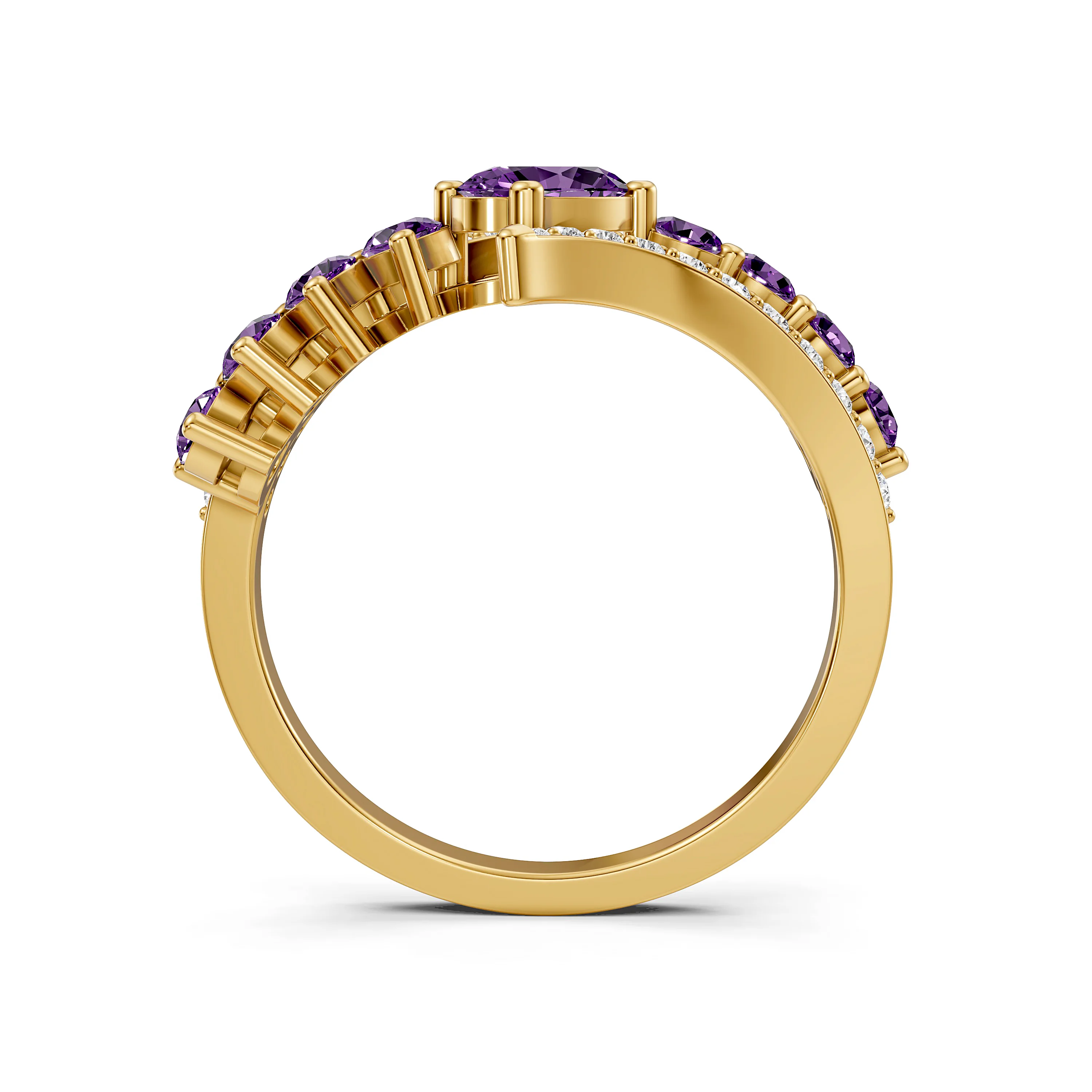 Oval Amethyst and Natural Diamonds Bypass Ring In Luxe Gold
