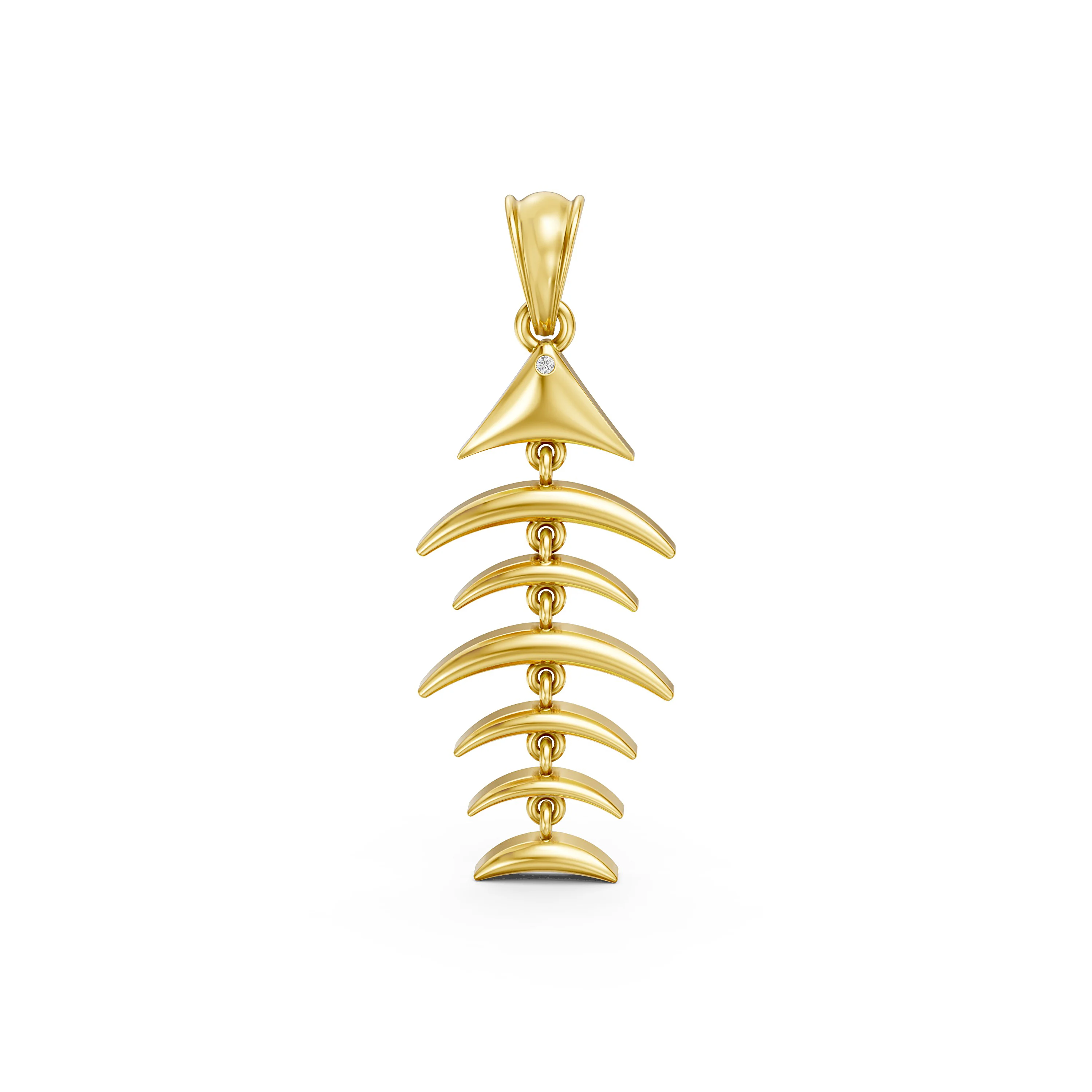 Solid Gold Fishbone Pendant with Diamond Accent in Eyes – Unique Fishbone Design Jewelry for Trendsetters