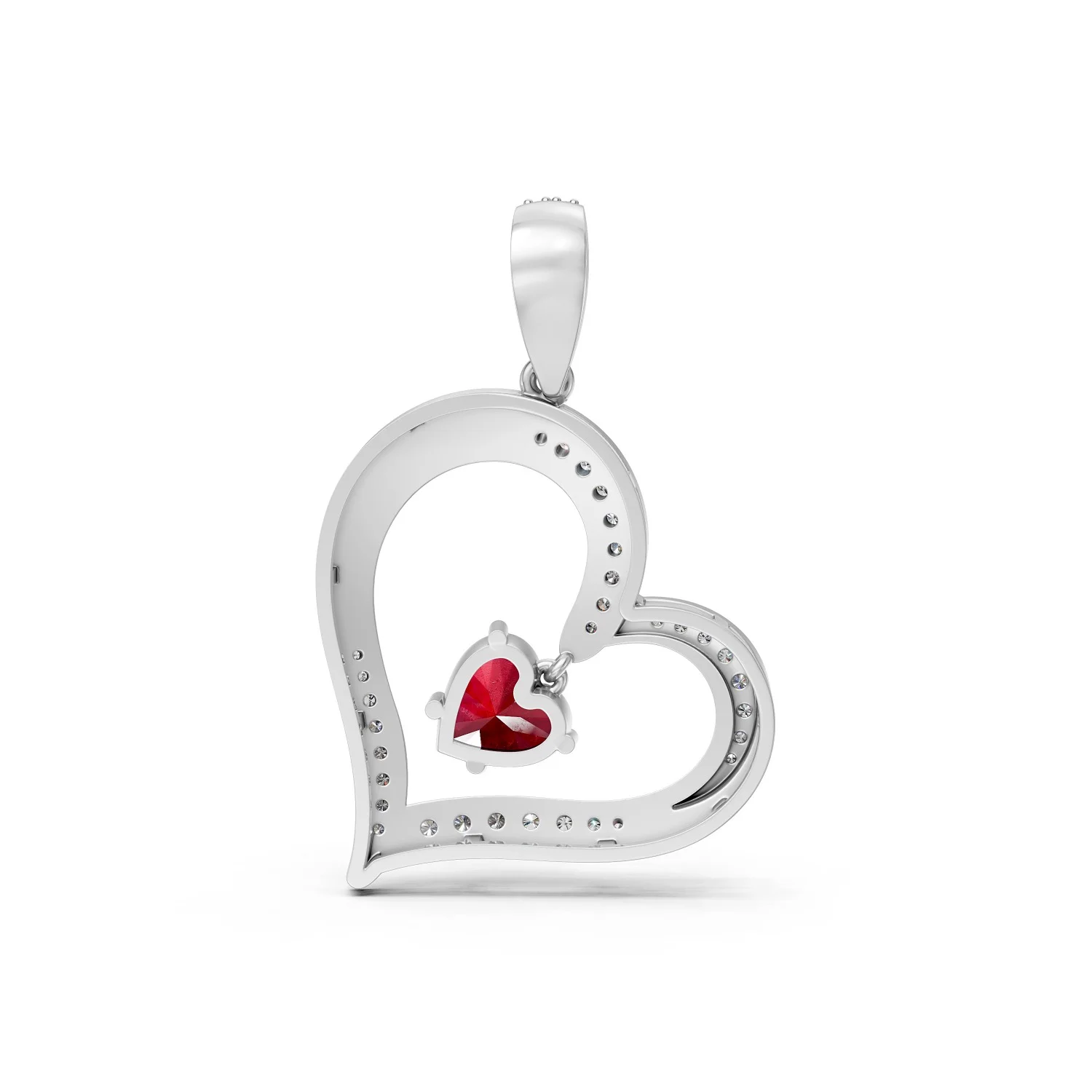Solid Gold Heart Pendant with Diamonds and Ruby Center