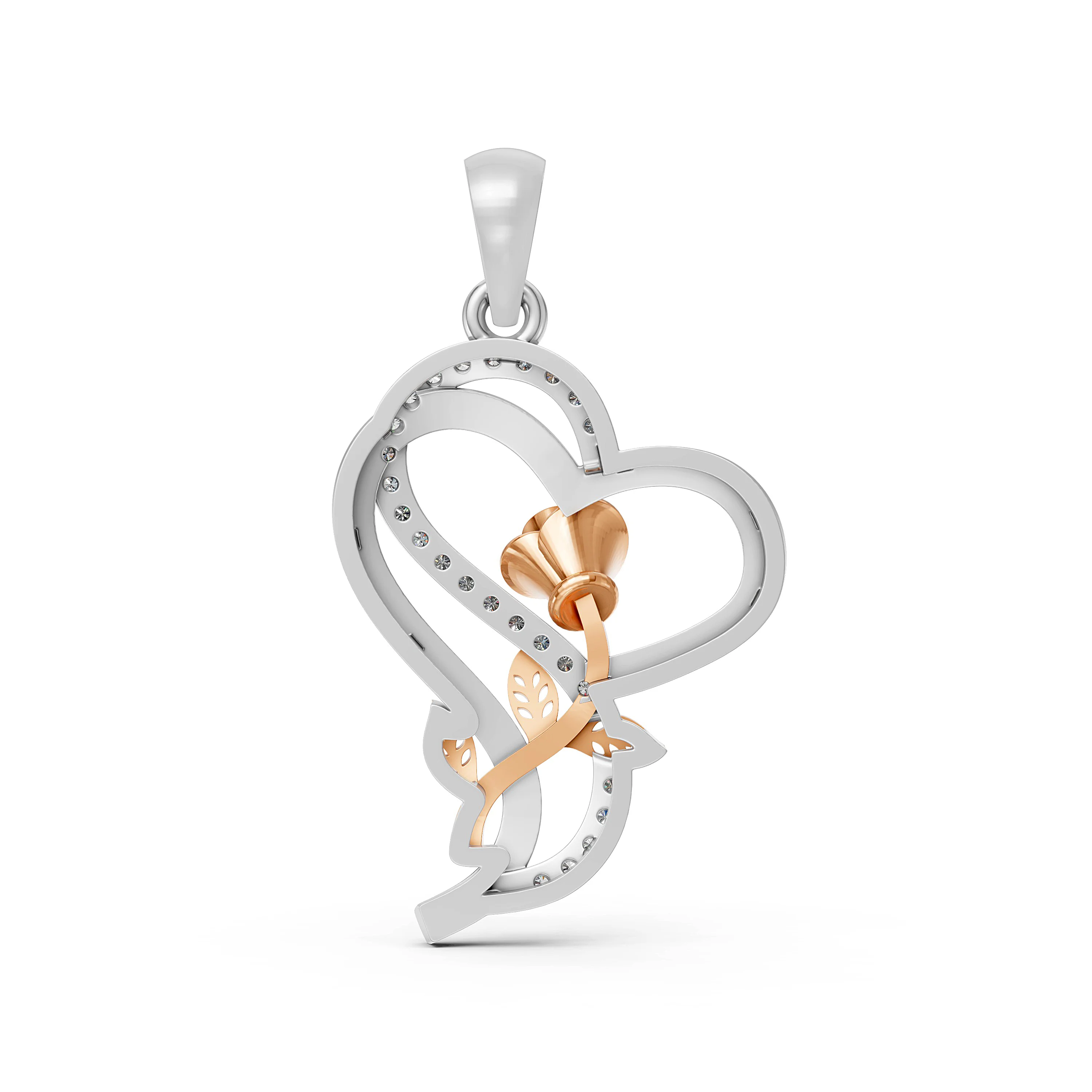 Two-Tone Gold Diamond Heart Pendant with Rose Flower Design