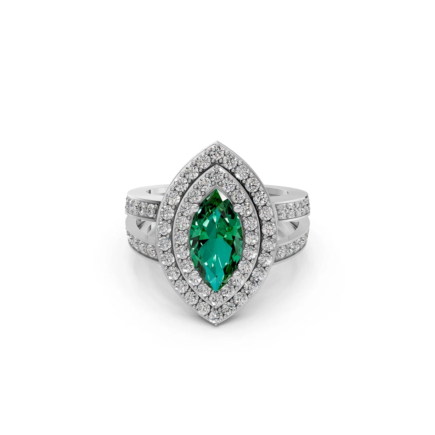 Solid Gold Marquise Green Gemstone Diamond Halo Ring