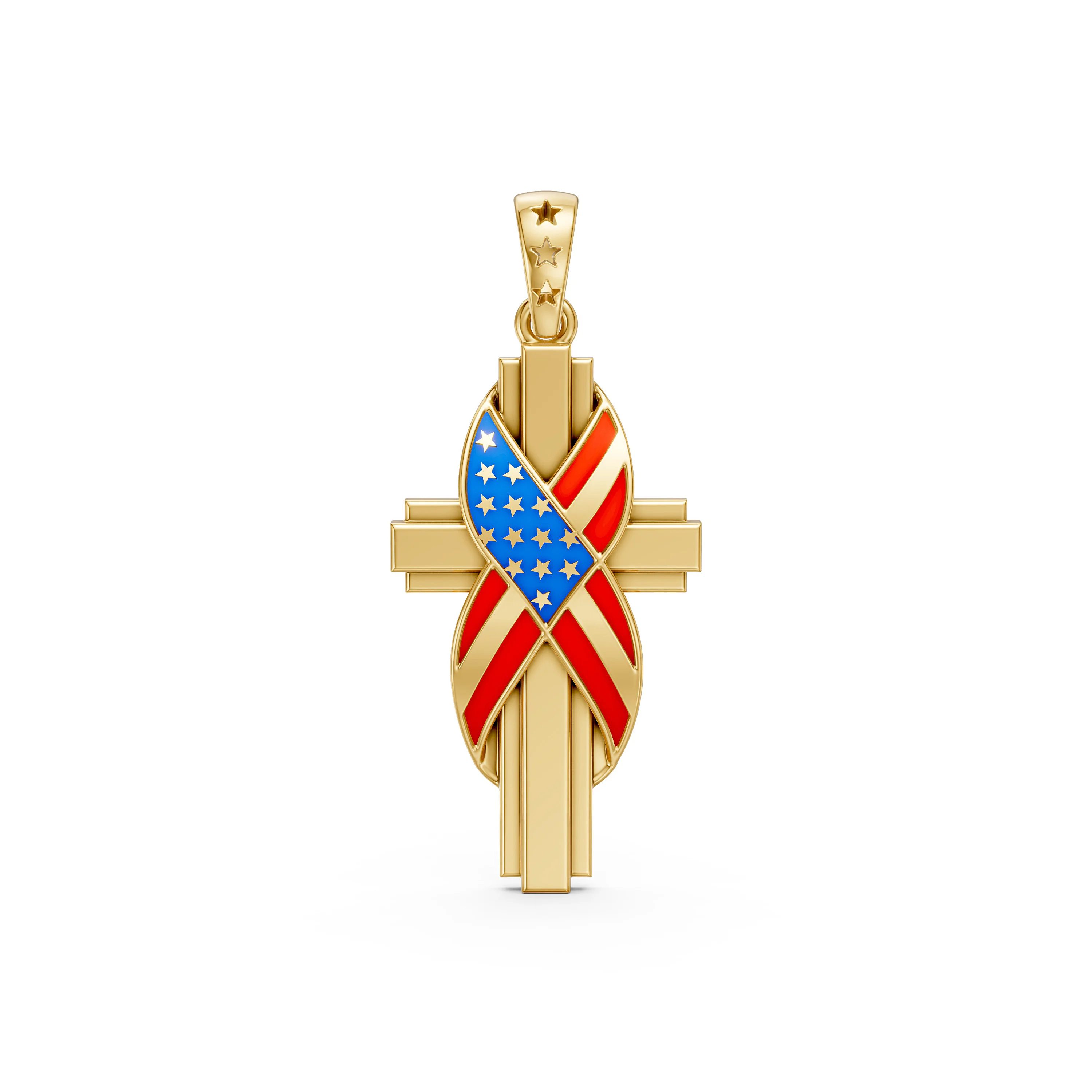Solid Gold Cross Pendant with American Flag Design - Elegant Gold Jewelry
