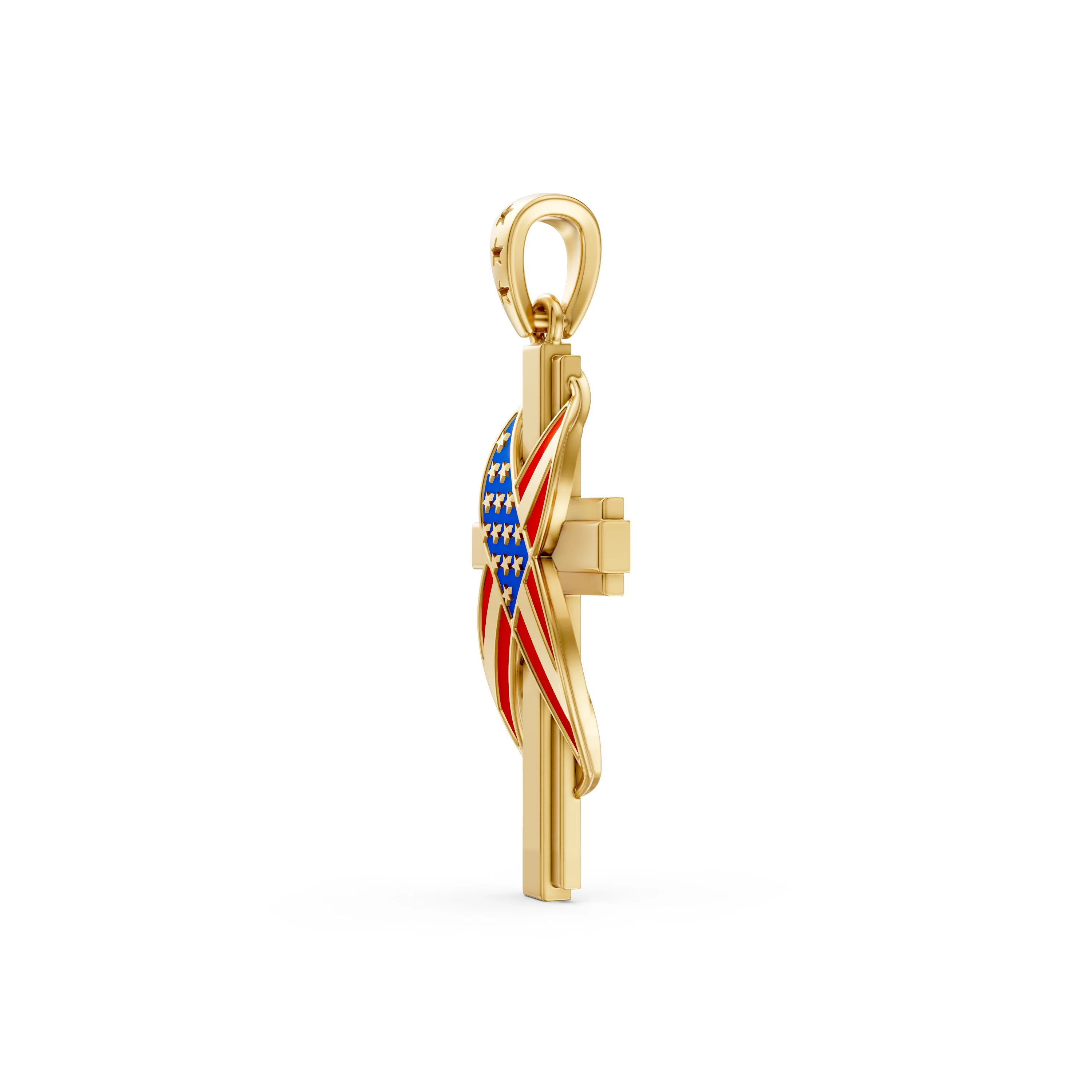 Solid Gold Cross Pendant with American Flag Design - Elegant Gold Jewelry