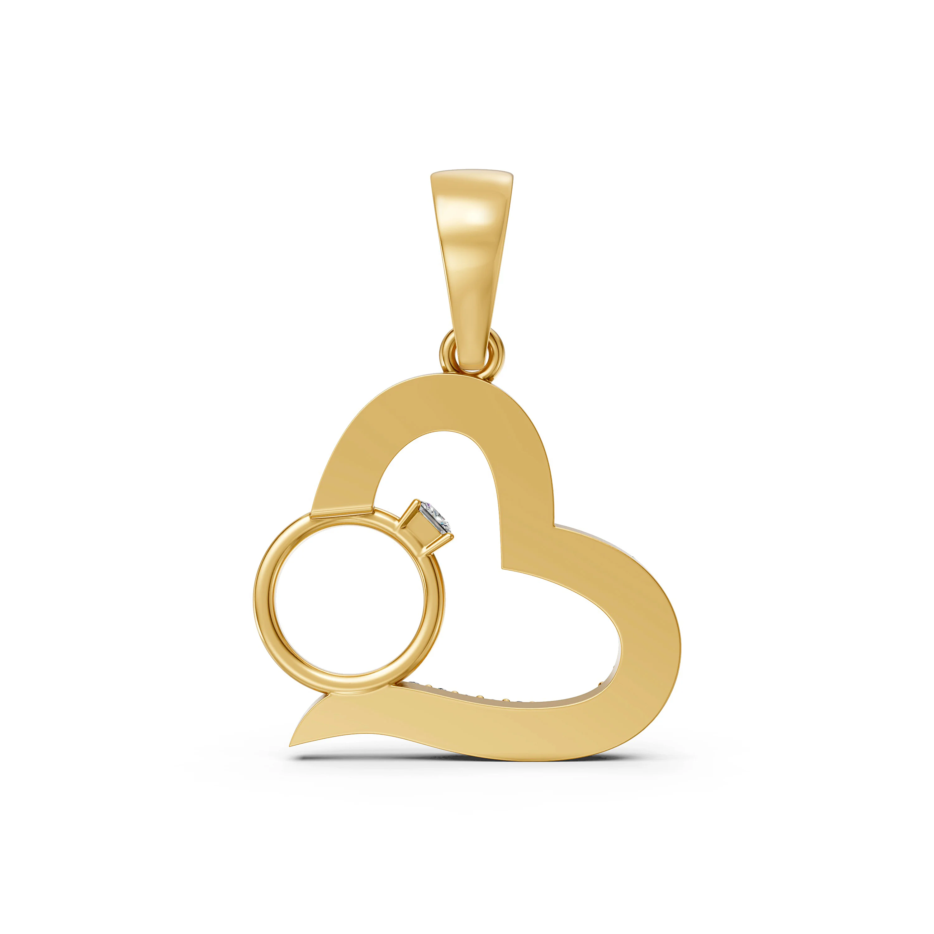 Solid Gold Diamond Studded Heart Ring Stitching Pendant Necklace for Women