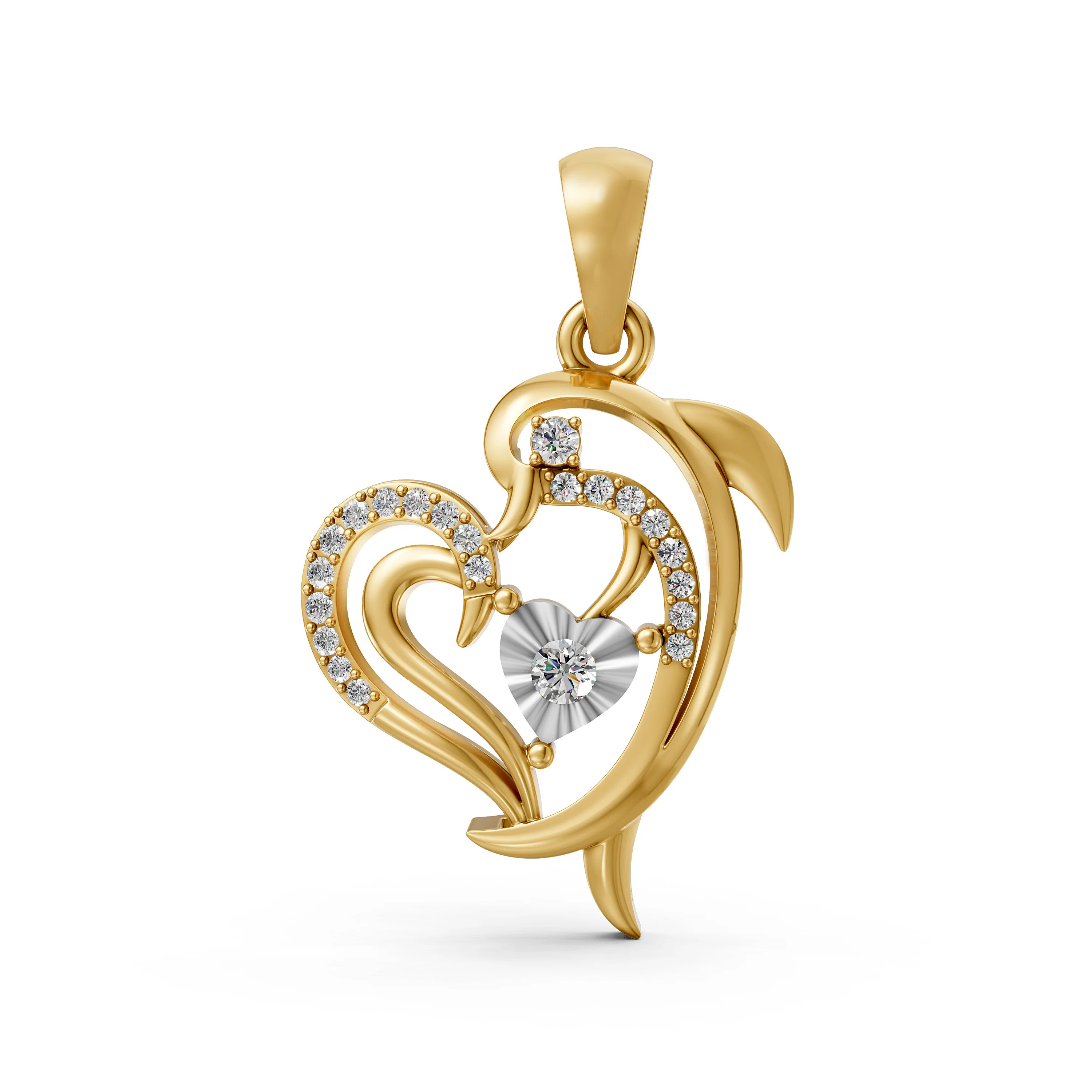Solid Gold Dolphin Heart Pendant with Natural Diamond Design