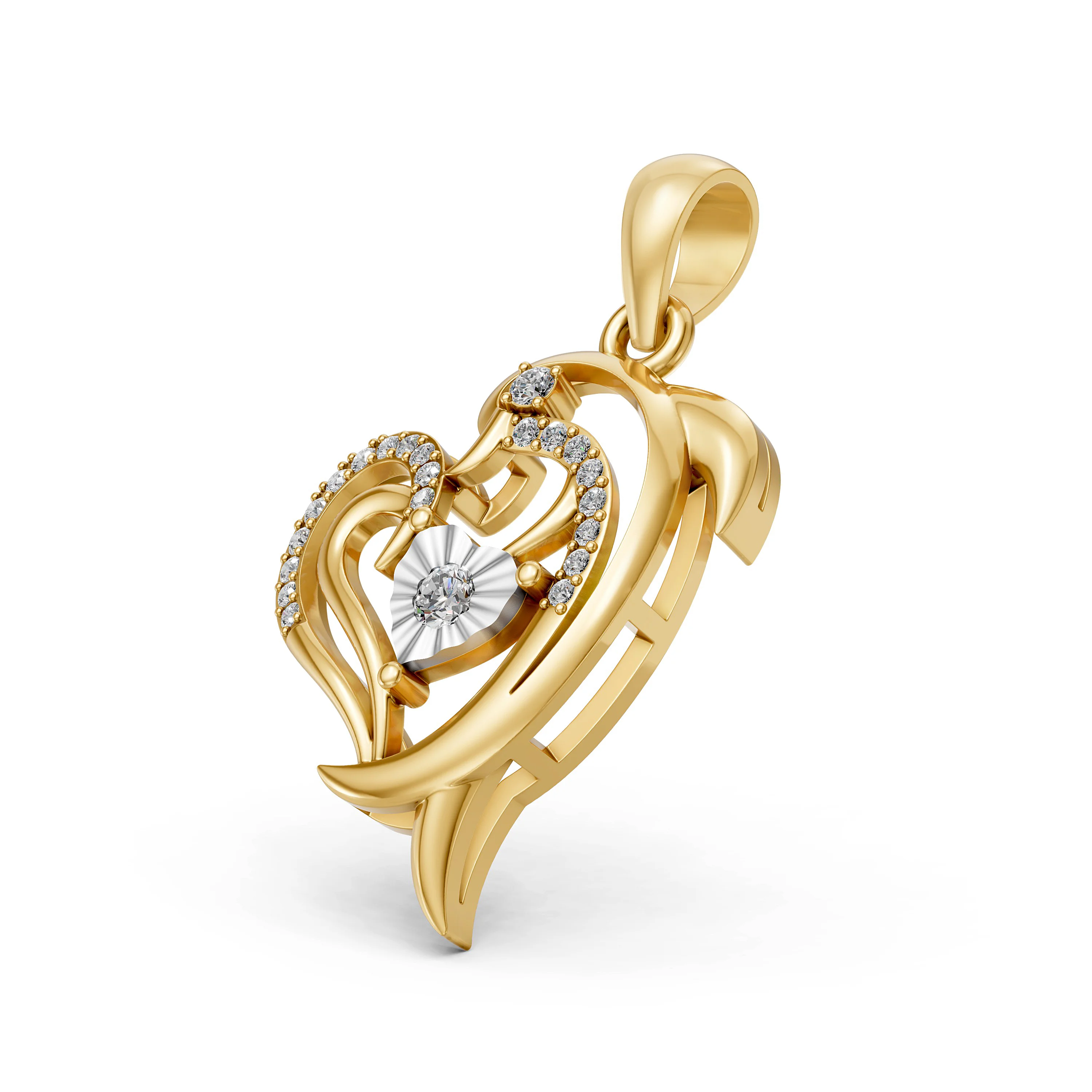 Solid Gold Dolphin Heart Pendant with Natural Diamond Design