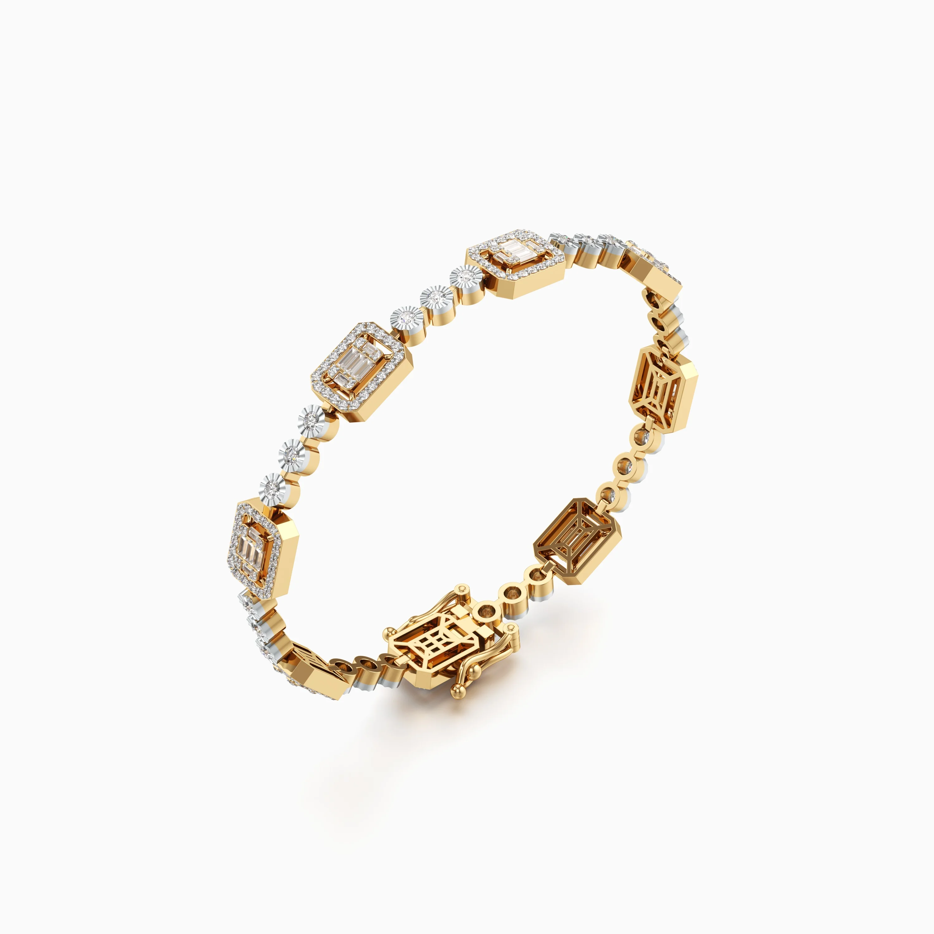 Gold Diamond Halo Tennis Bracelet With Baguette And Round Diamond Miracle Setting