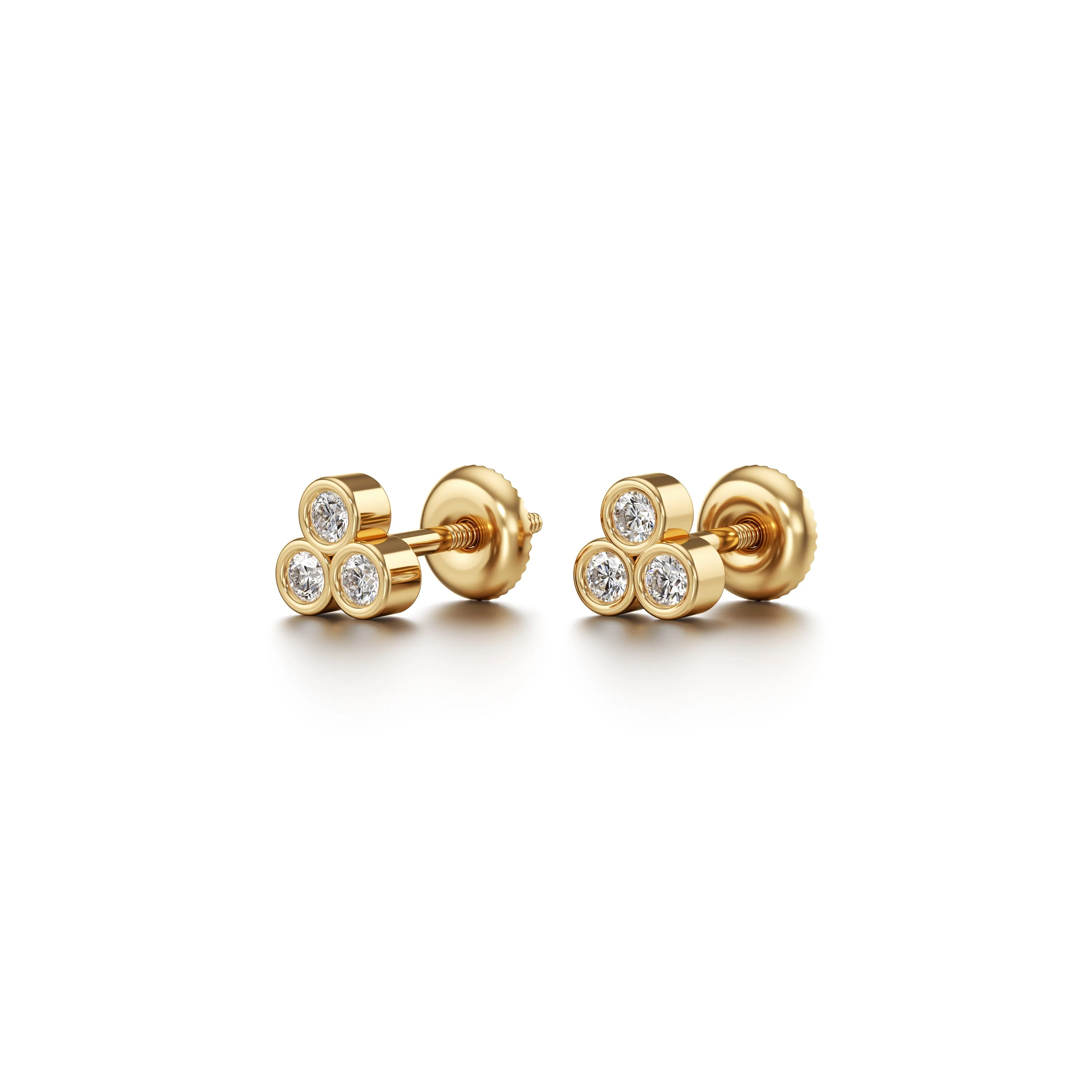Three Stone Bazel Set Diamonds Stud Earrings
