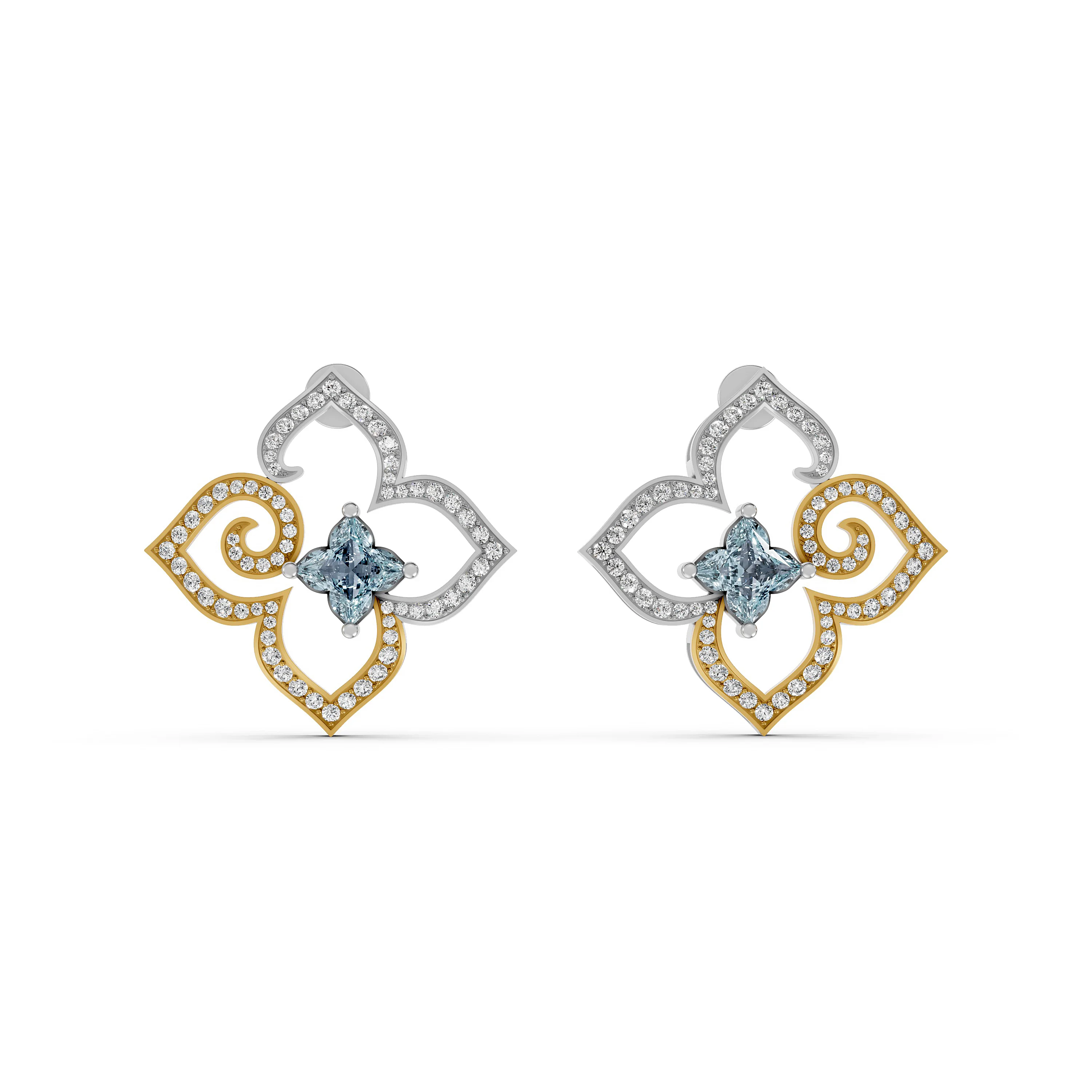 Fancy Aquamarine Diamond Flower Earrings in Two Tone Gold