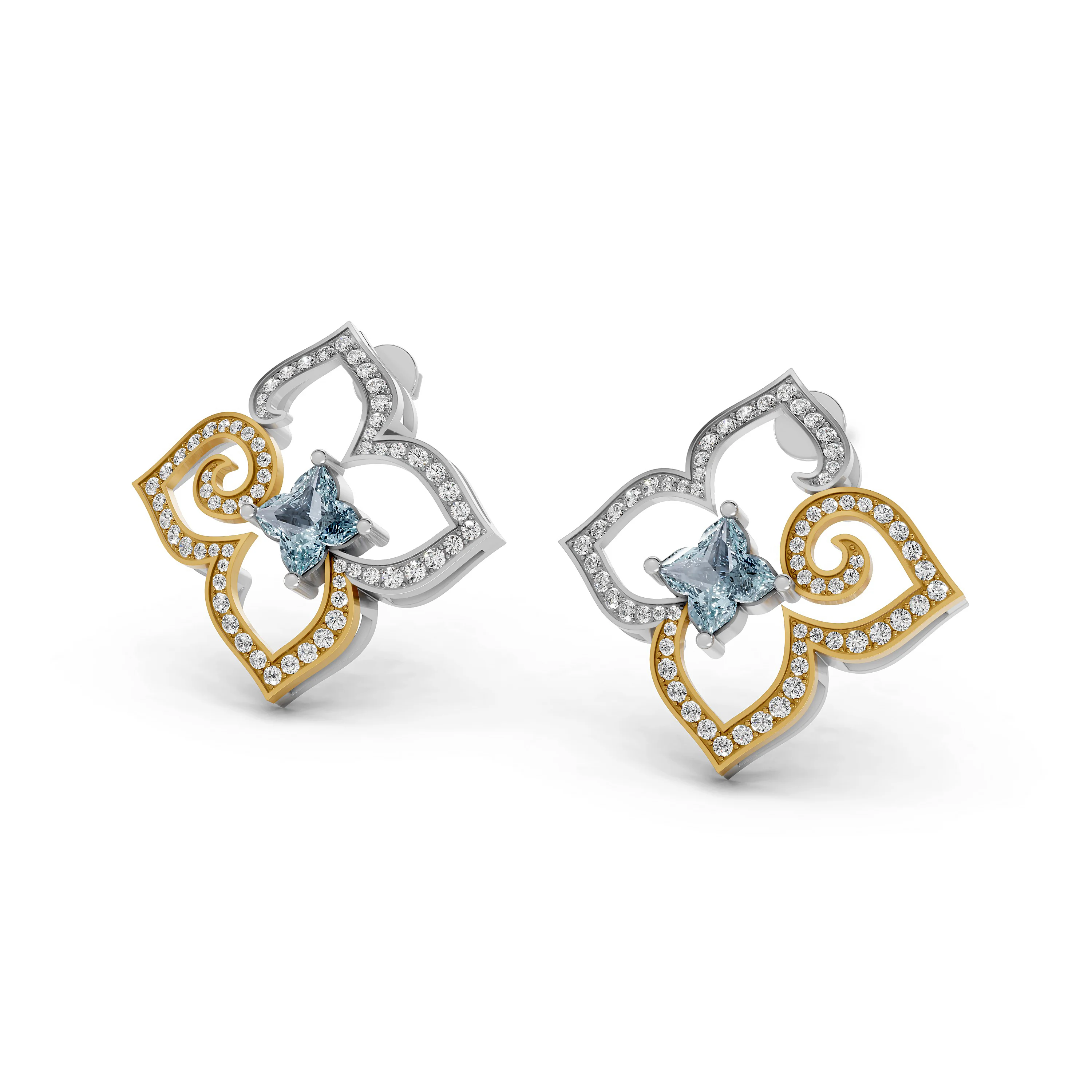 Fancy Aquamarine Diamond Flower Earrings in Two Tone Gold