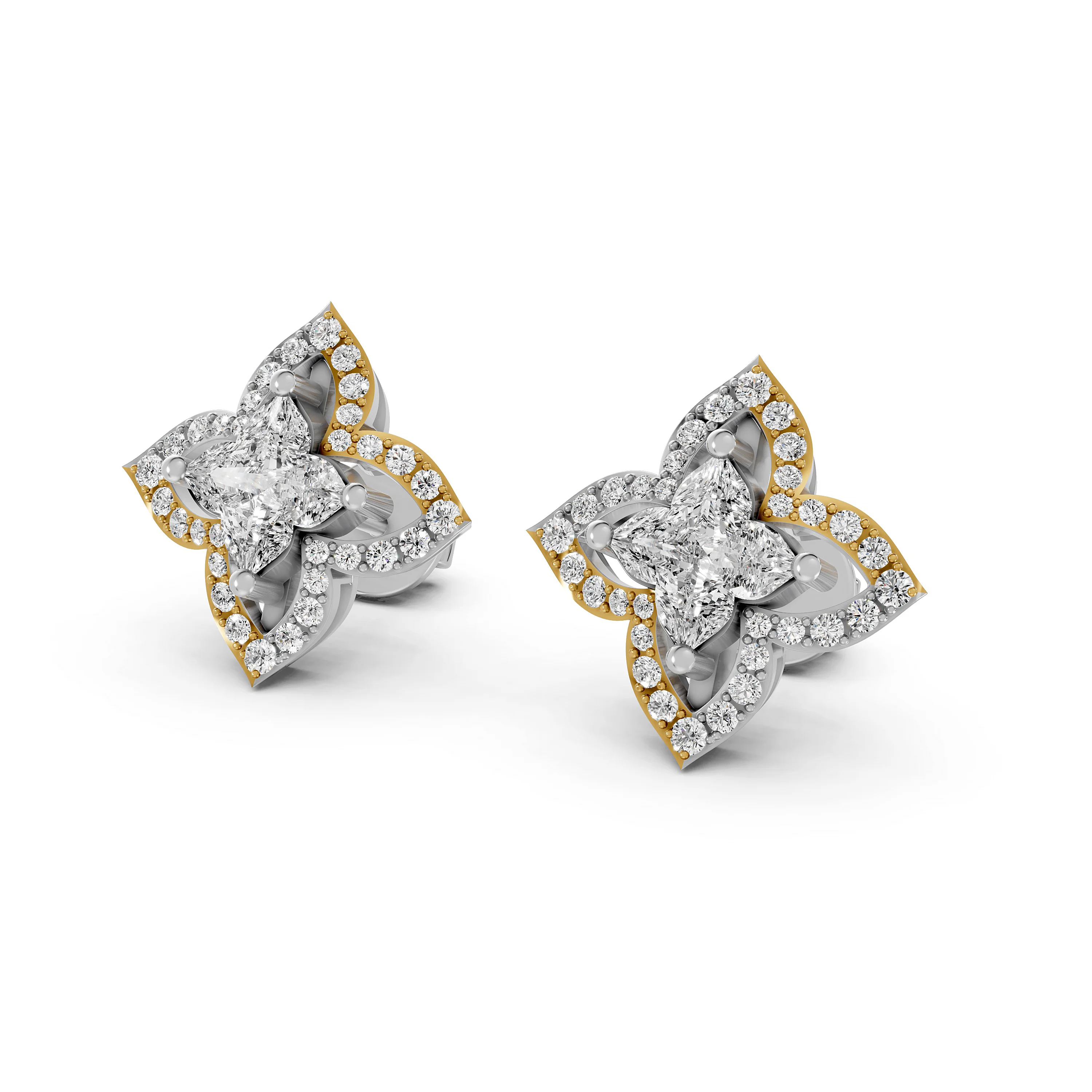 Fancy Diamond Flower Earrings in Two Tone Gold