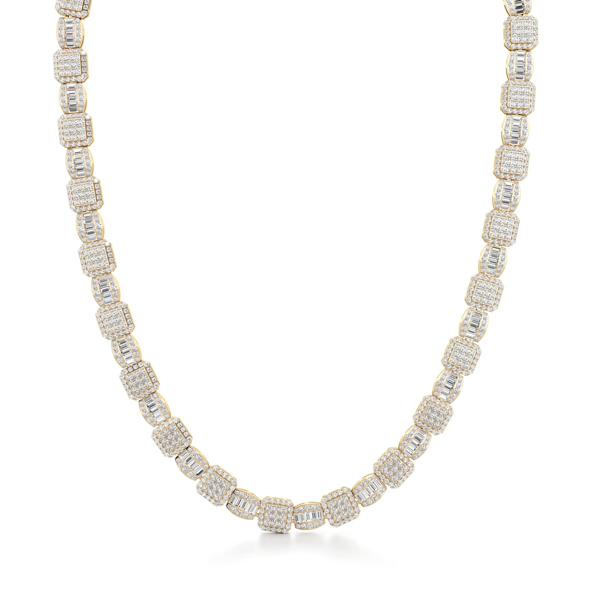 Square Halo Round and Baguette Diamond Studded Link Necklace with GB Lock