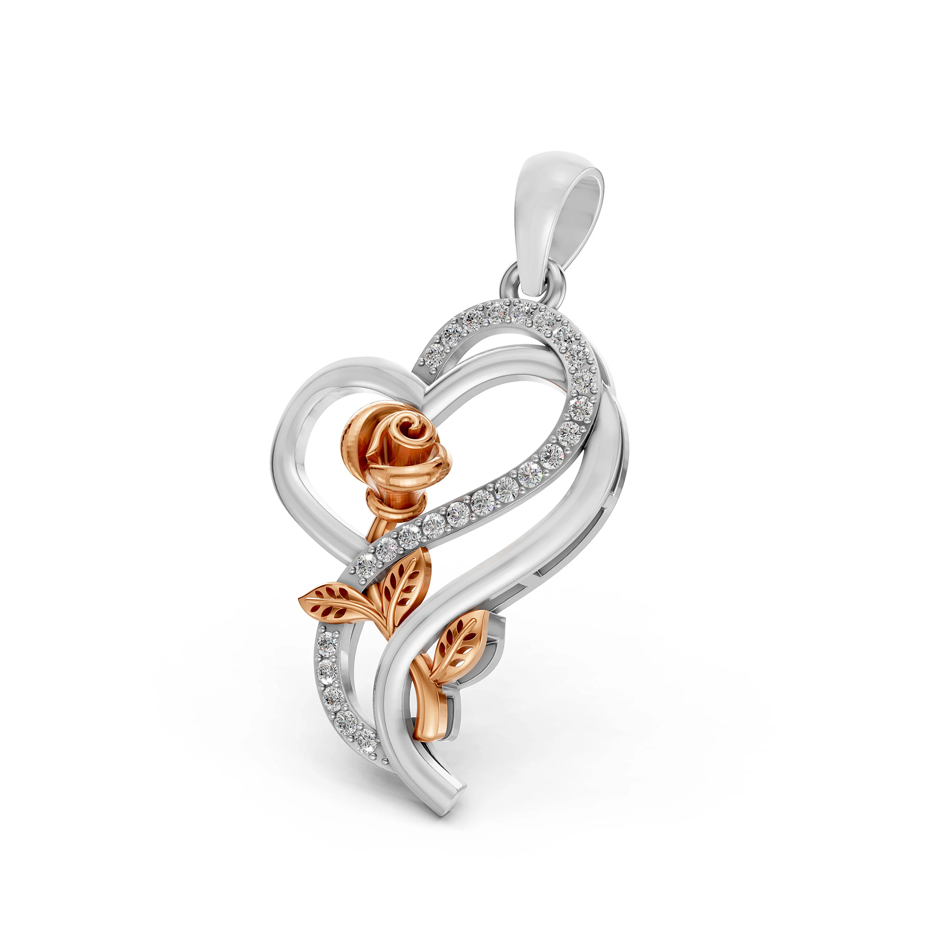 Two-Tone Gold Diamond Heart Pendant with Rose Flower Design