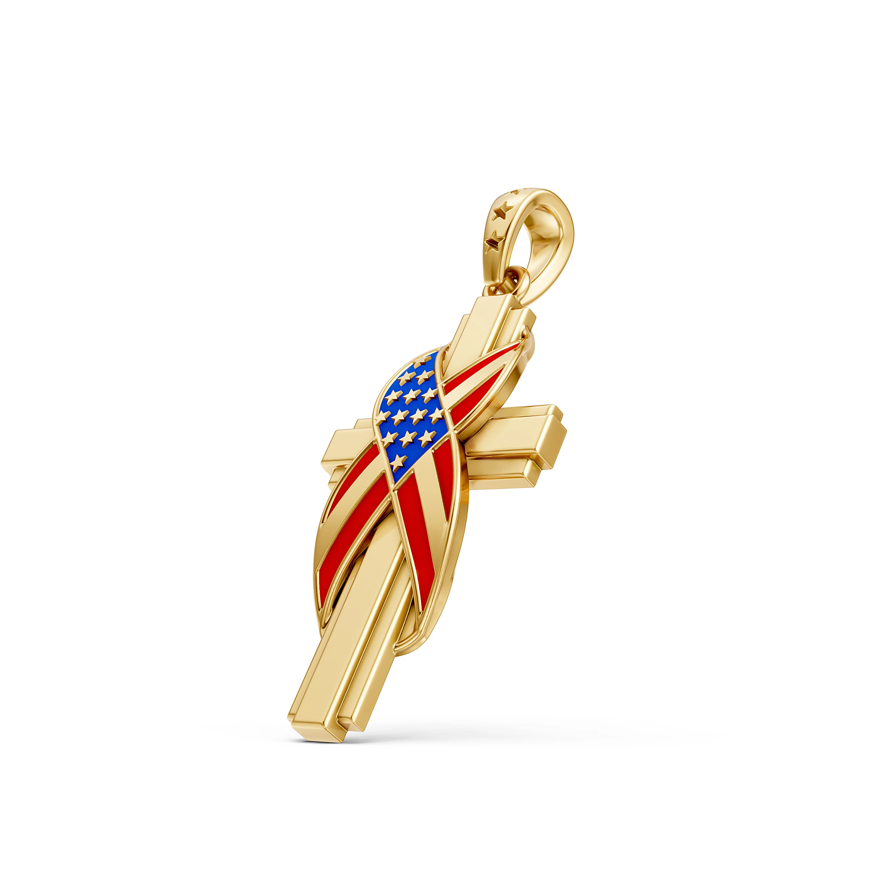 Solid Gold Cross Pendant with American Flag Design - Elegant Gold Jewelry