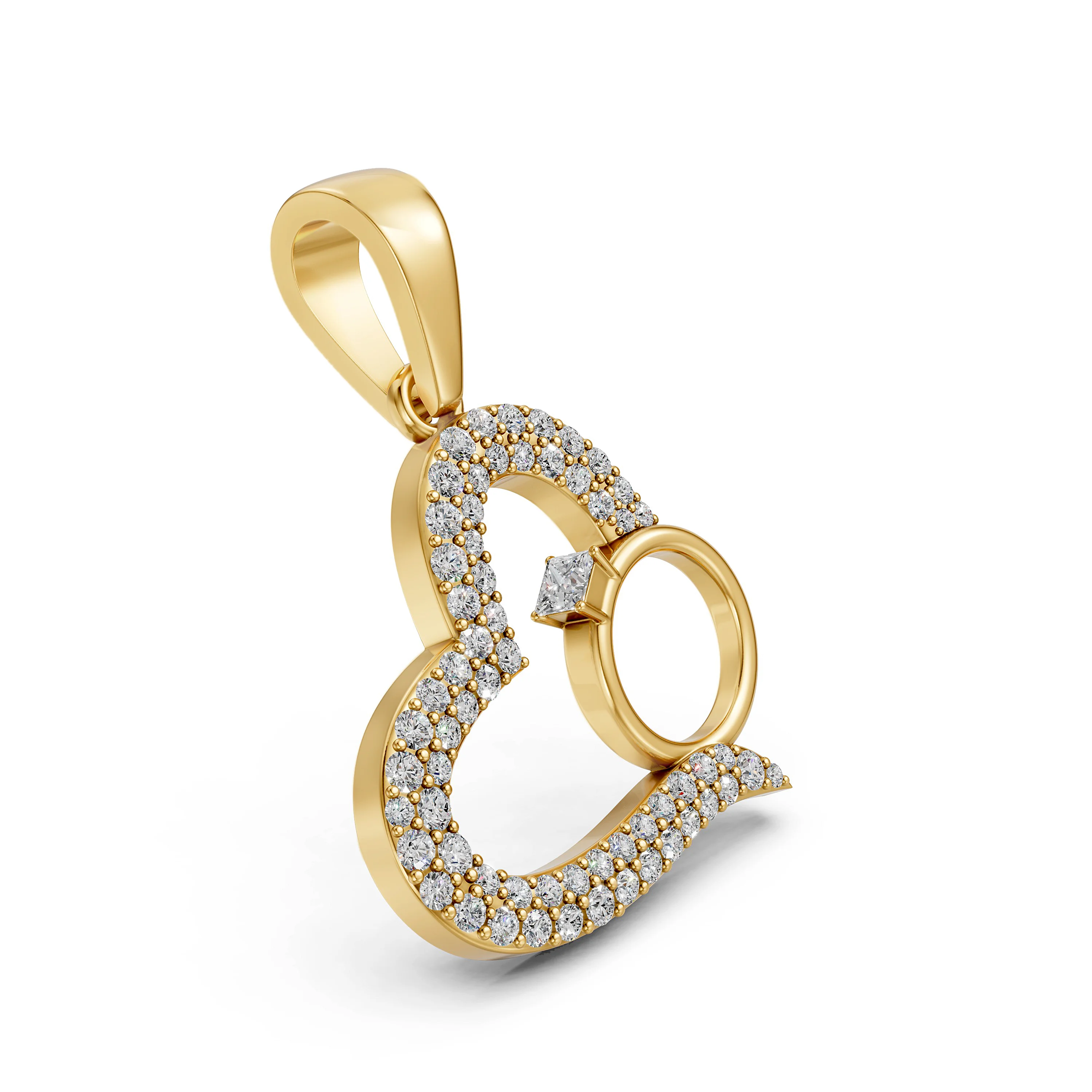 Solid Gold Diamond Studded Heart Ring Stitching Pendant Necklace for Women