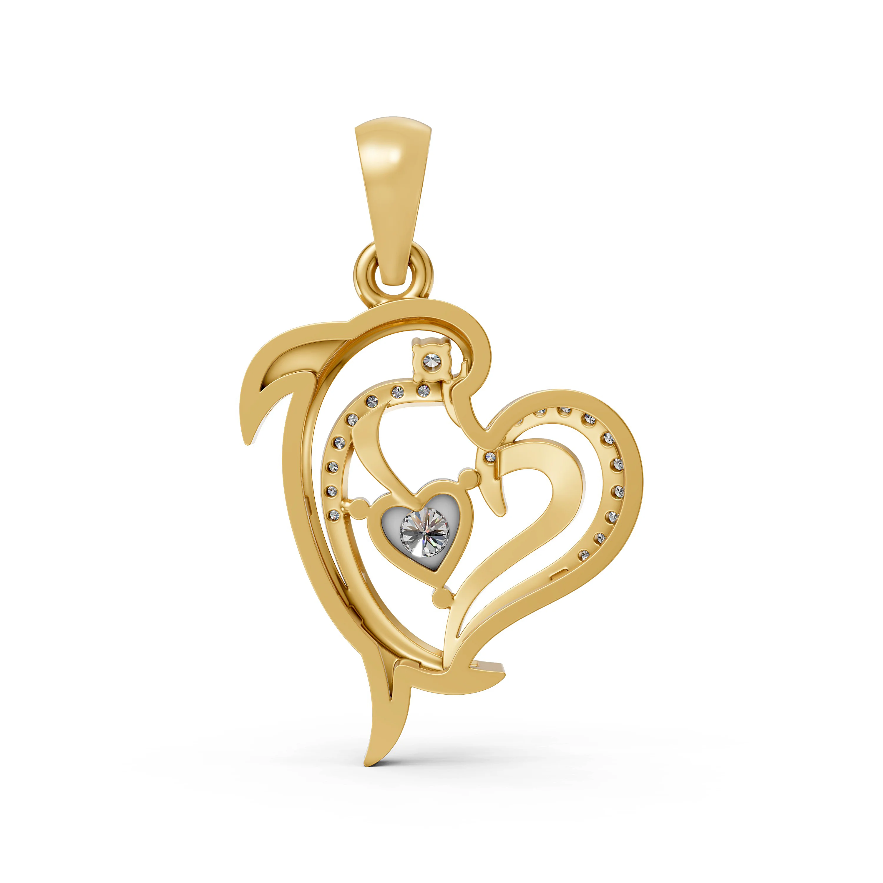 Solid Gold Dolphin Heart Pendant with Natural Diamond Design