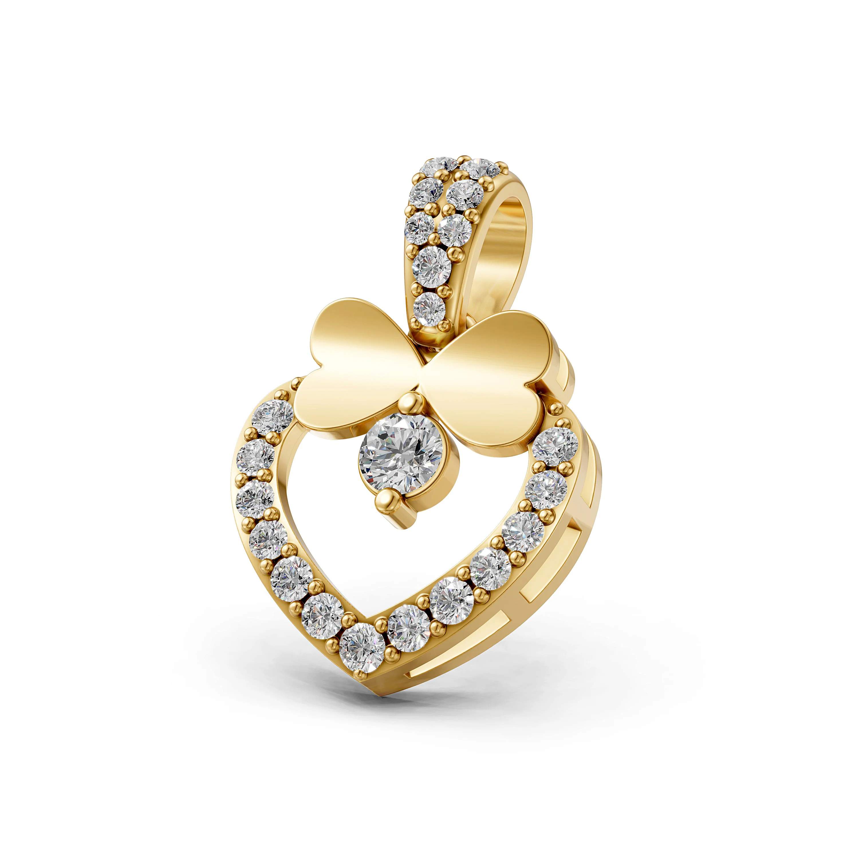 Solid Gold Heart with bow Pendant with Diamond studded Bail