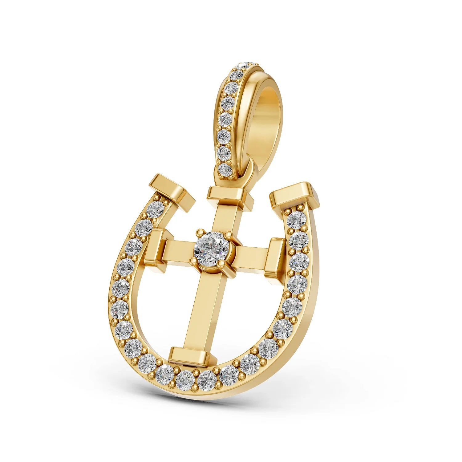 Solid Gold Horseshoe Cross Diamond Pendant