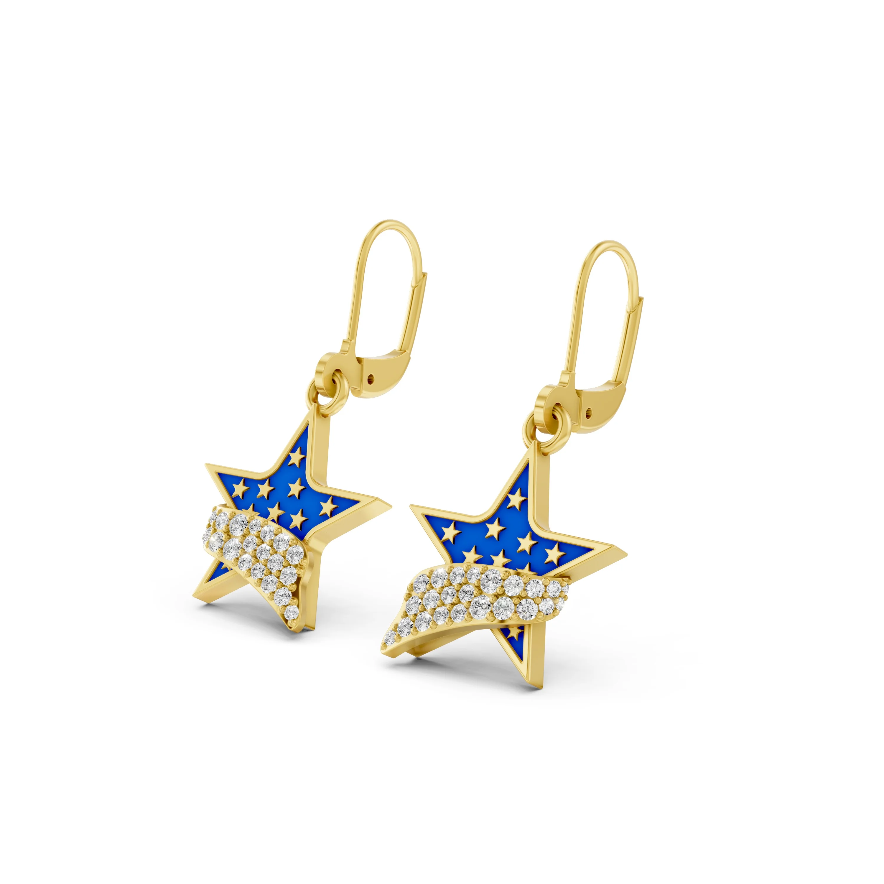 Solid Gold Patriotic Star Earrings with Blue and White American Flag Design