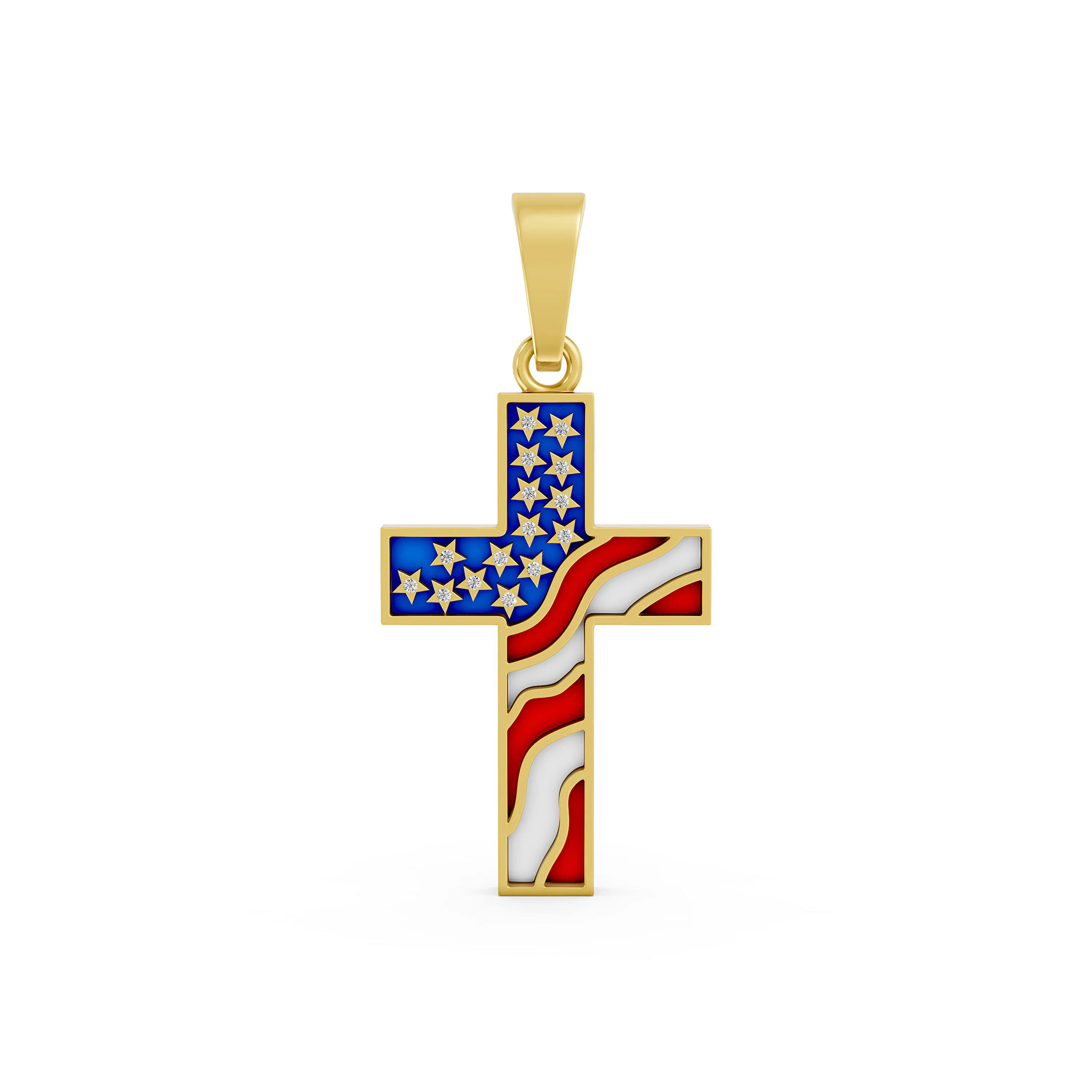 Solid Gold US Flag Inlay Cross Diamond Pendant - American Pride Jewelry